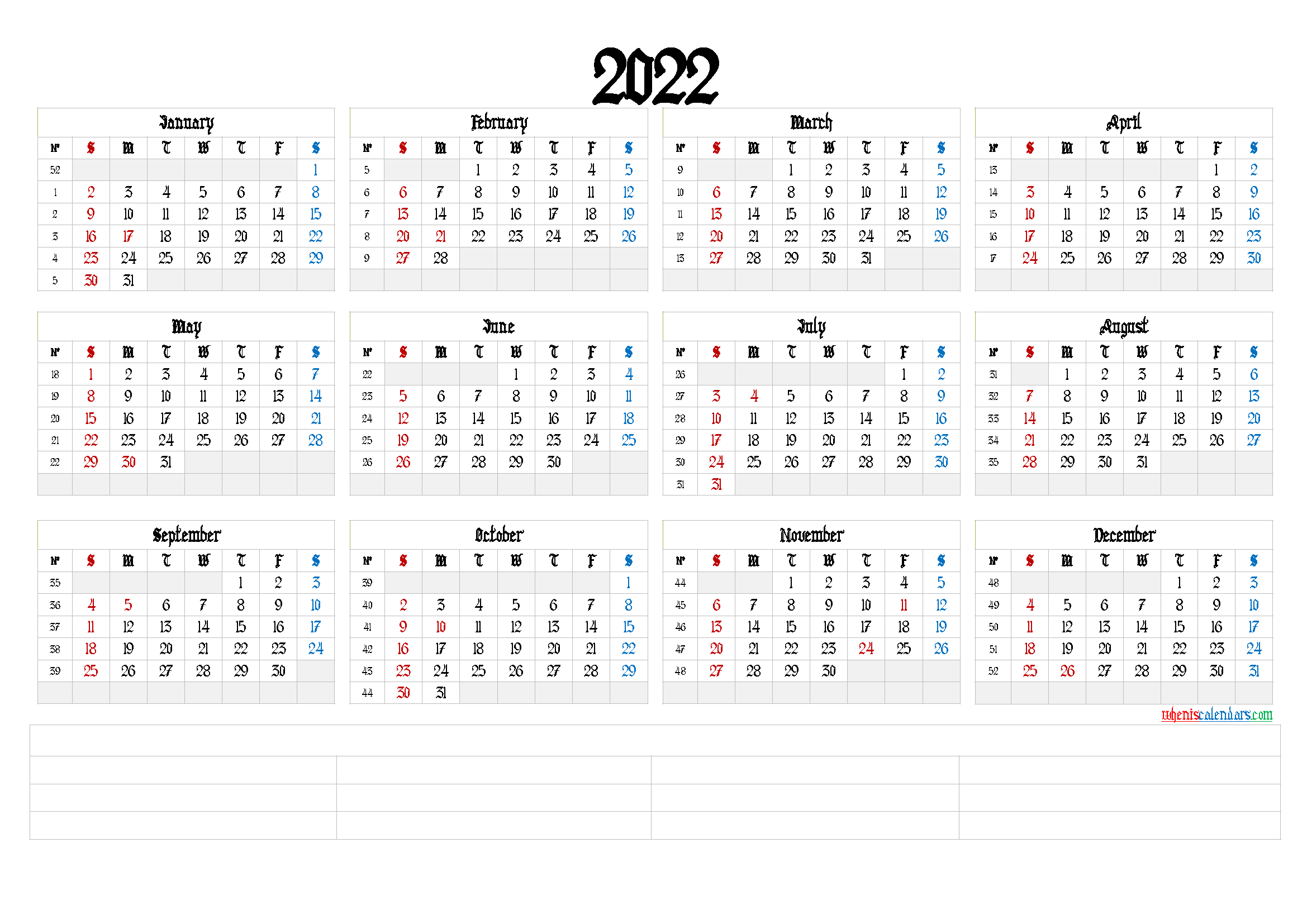 2022 Annual Calendar Printable