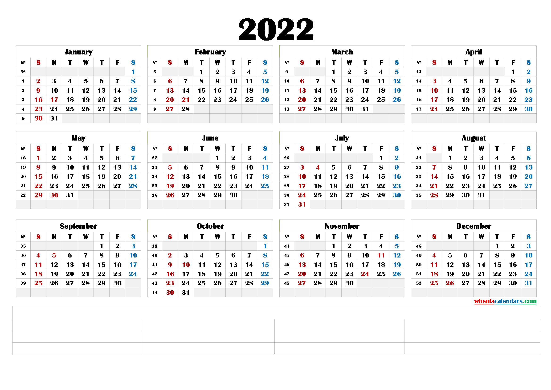2022 Calendar with Week Numbers
