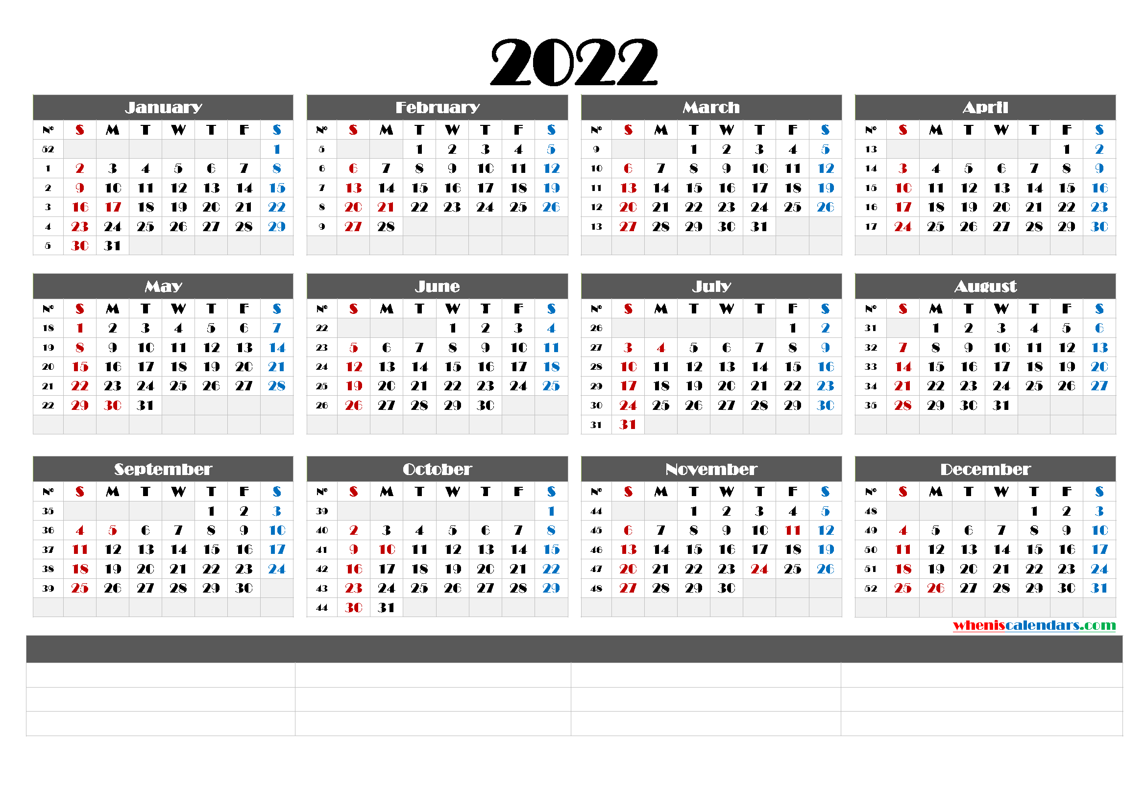 Free Printable 2022 Yearly Calendar (6 Templates)