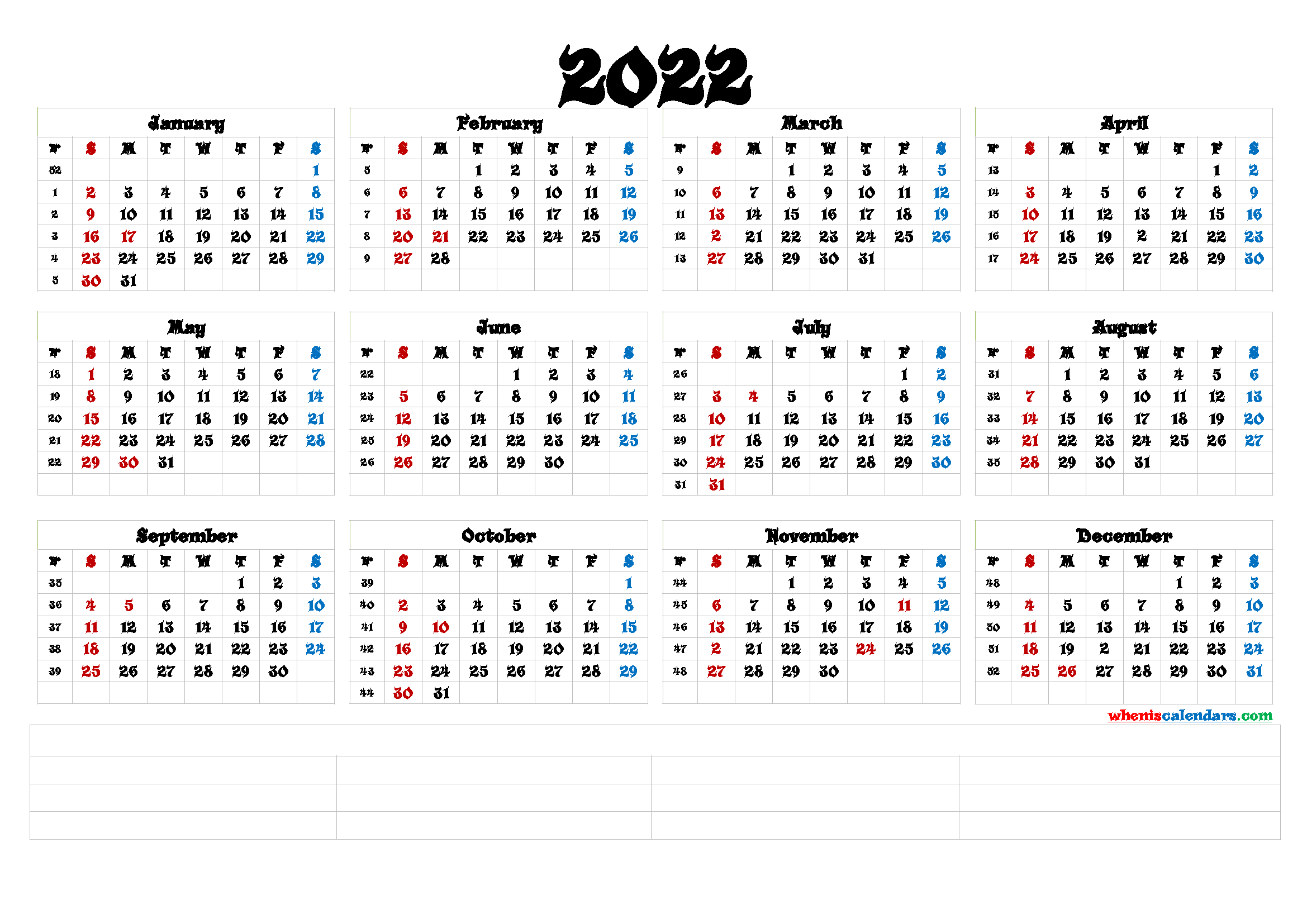 2022 Calendar with Week Numbers