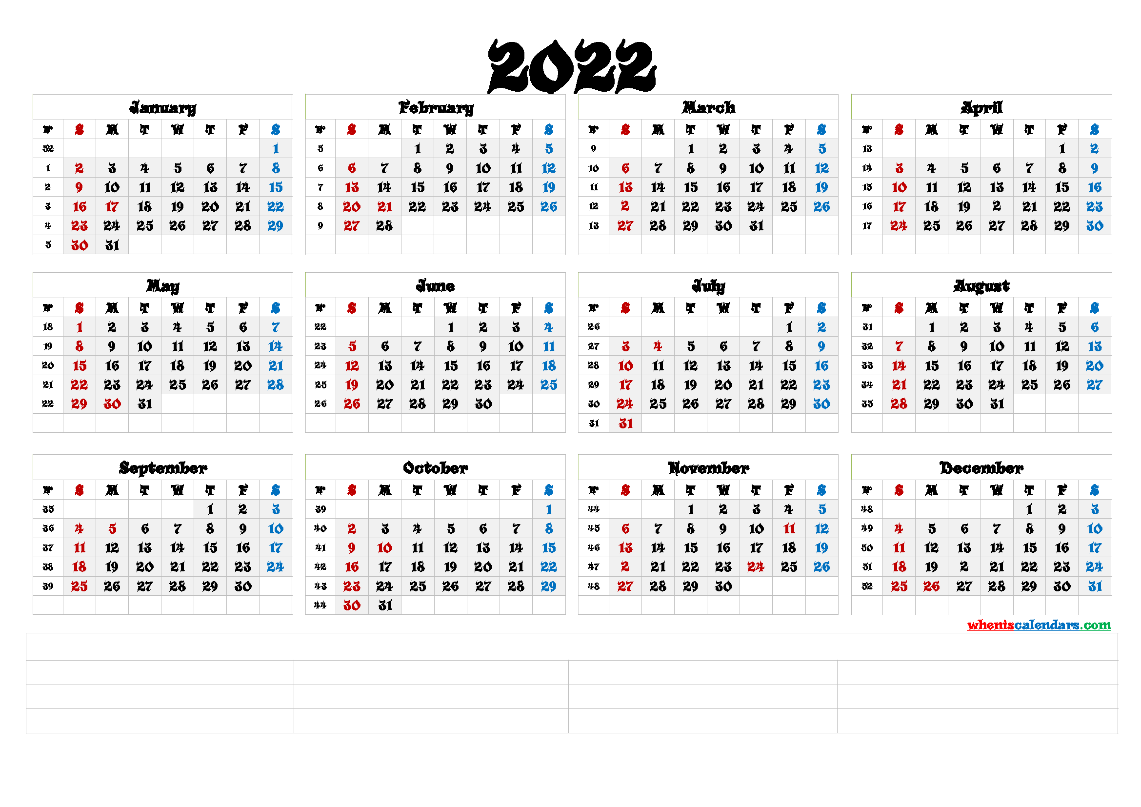 Printable 2022 Yearly Calendar (6 Templates) Free