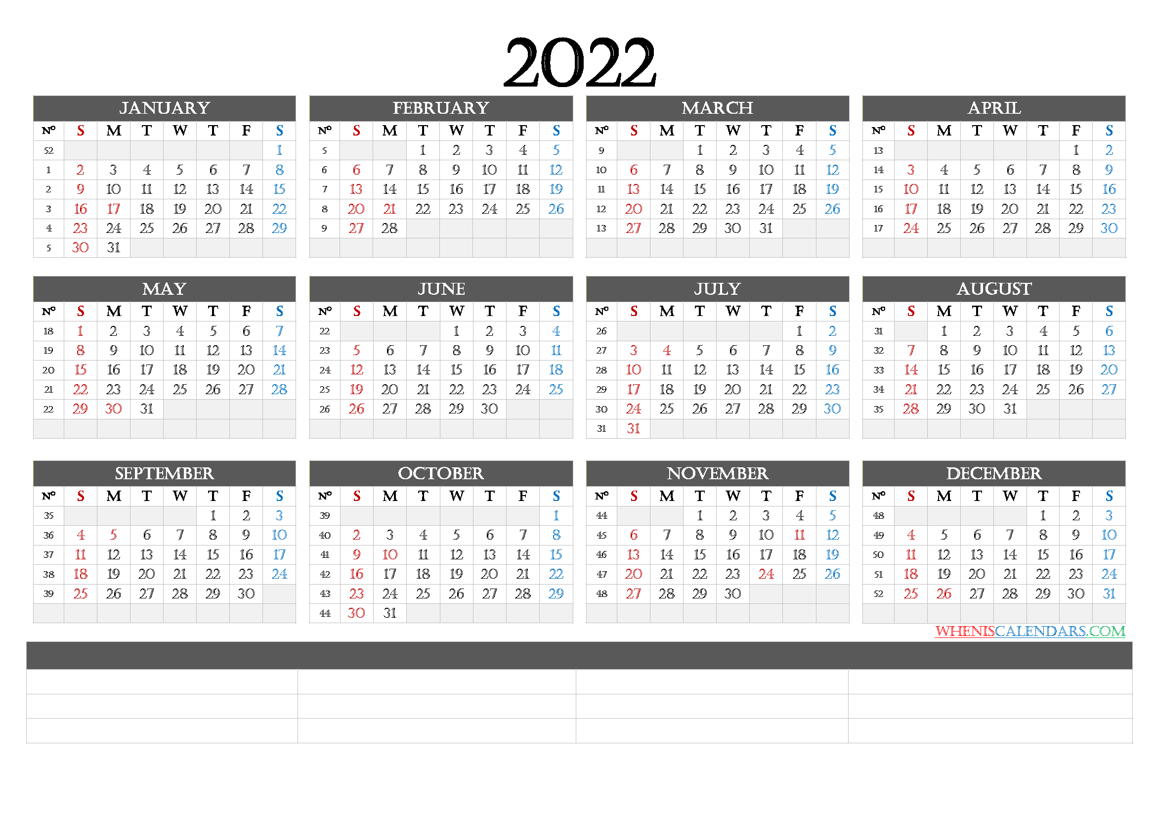 2022 Calendar With Week Numbers Printable [Premium Templates]