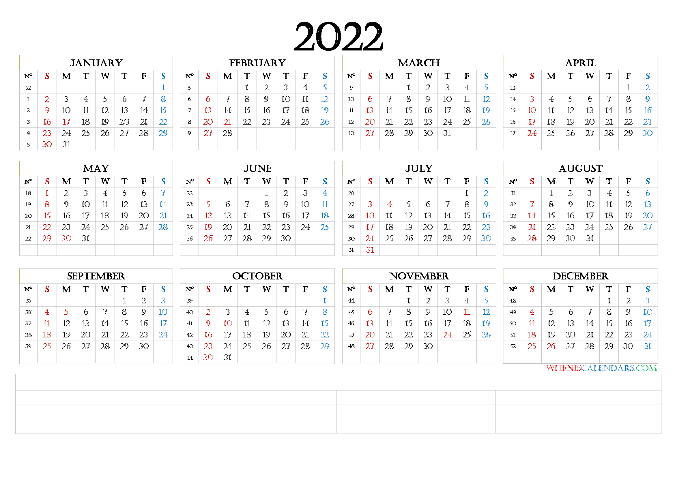 12 Month Calendar Printable 2022