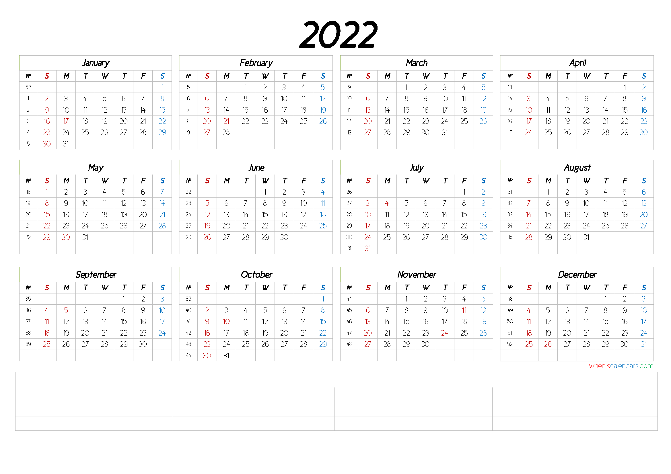2022 Printable Yearly Calendar with Week Numbers