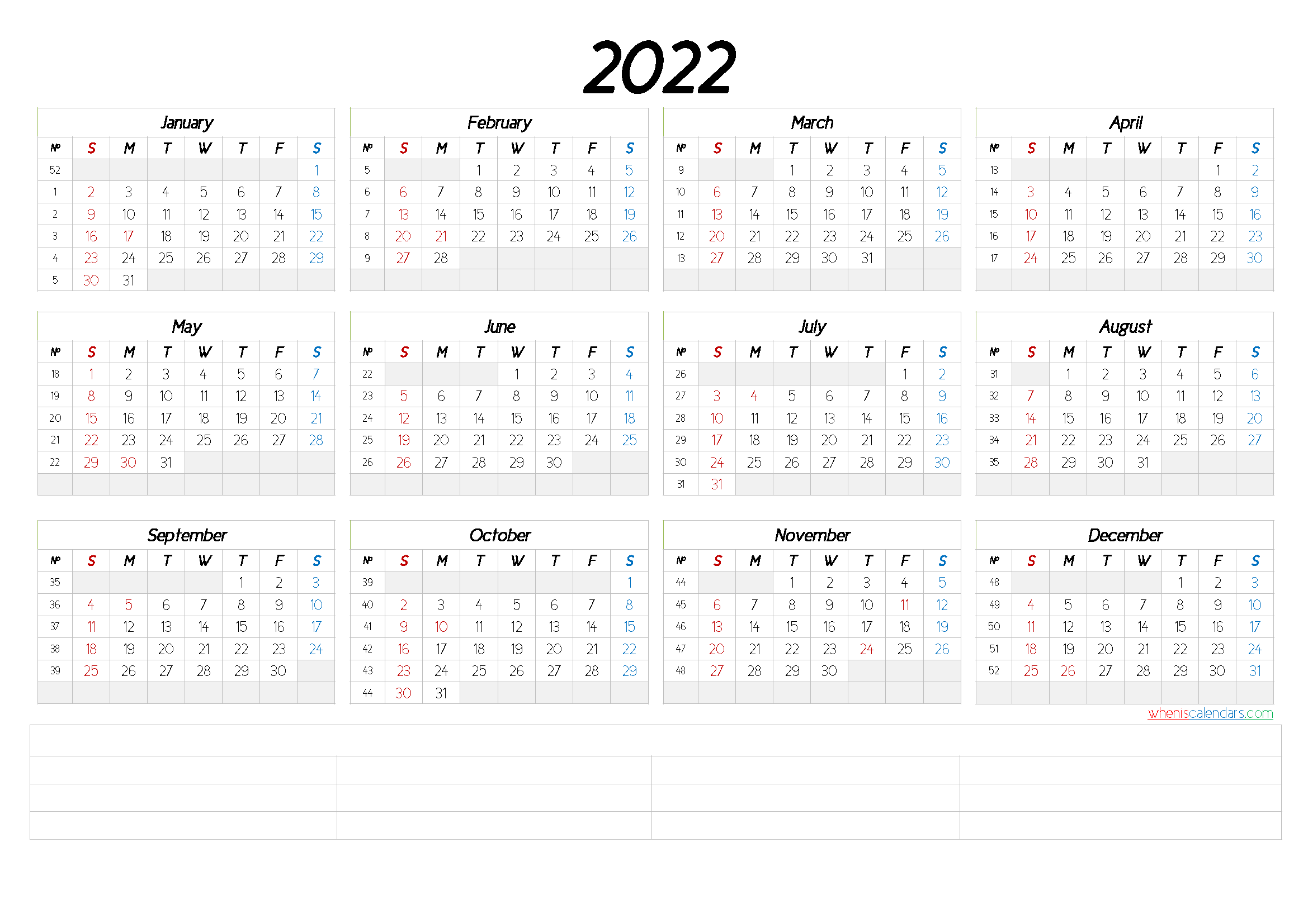 2022 Free Printable Yearly Calendar With Week Numbers 6 2022 Free