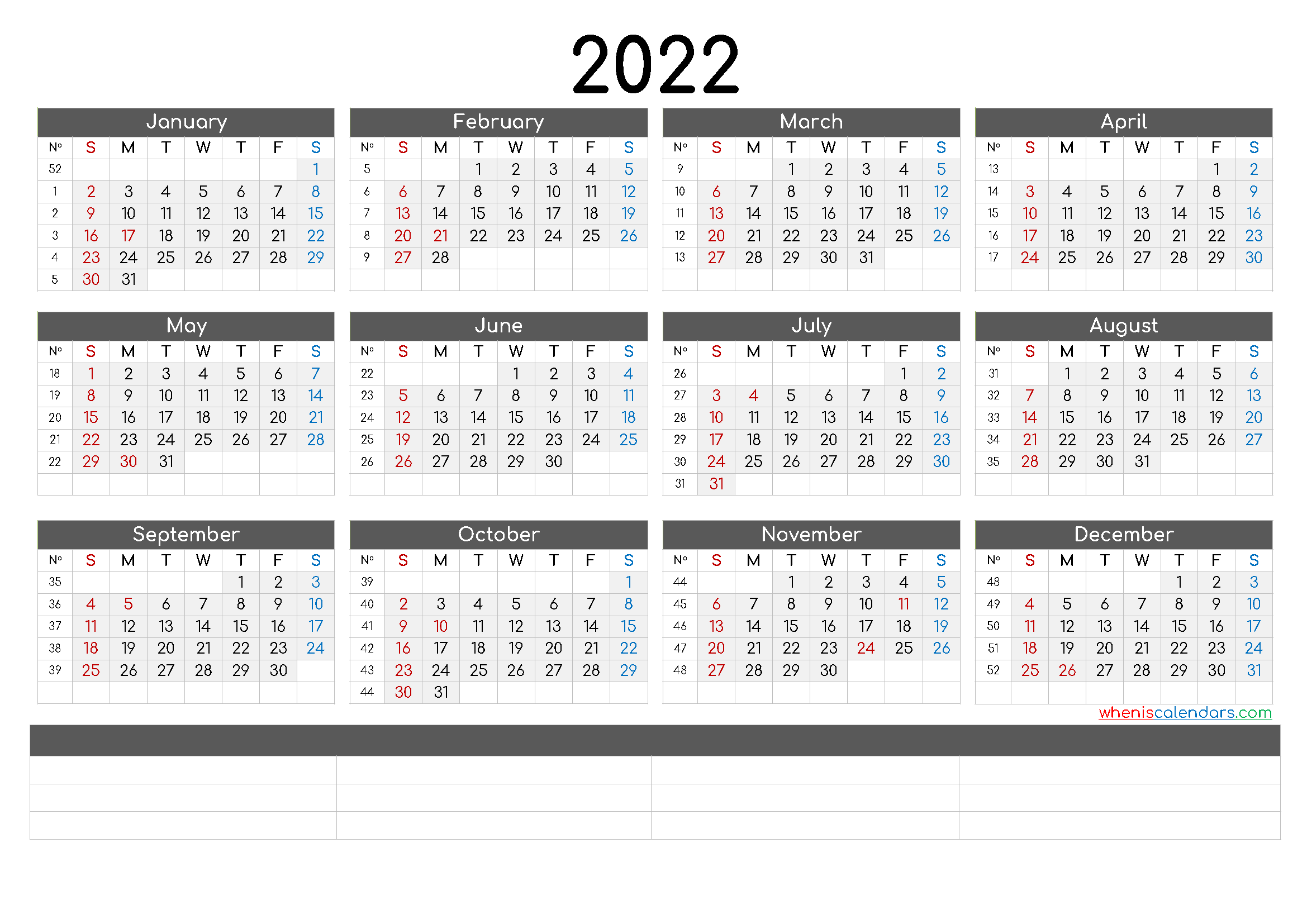Free Downloadable 2022 Monthly Calendar