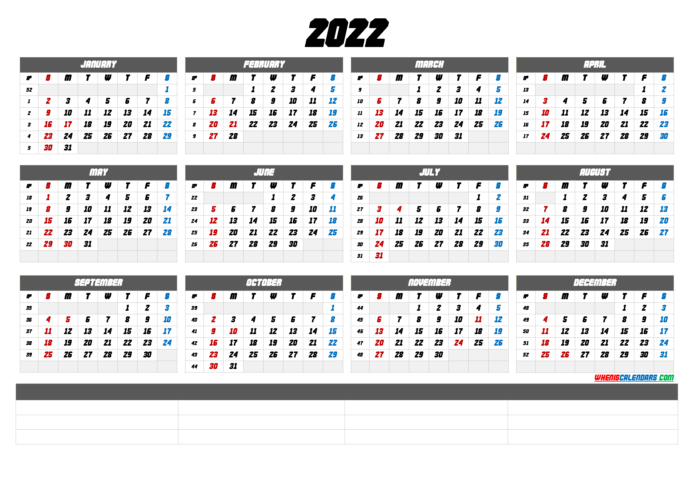 Free Calendar 2022 with Week Numbers
