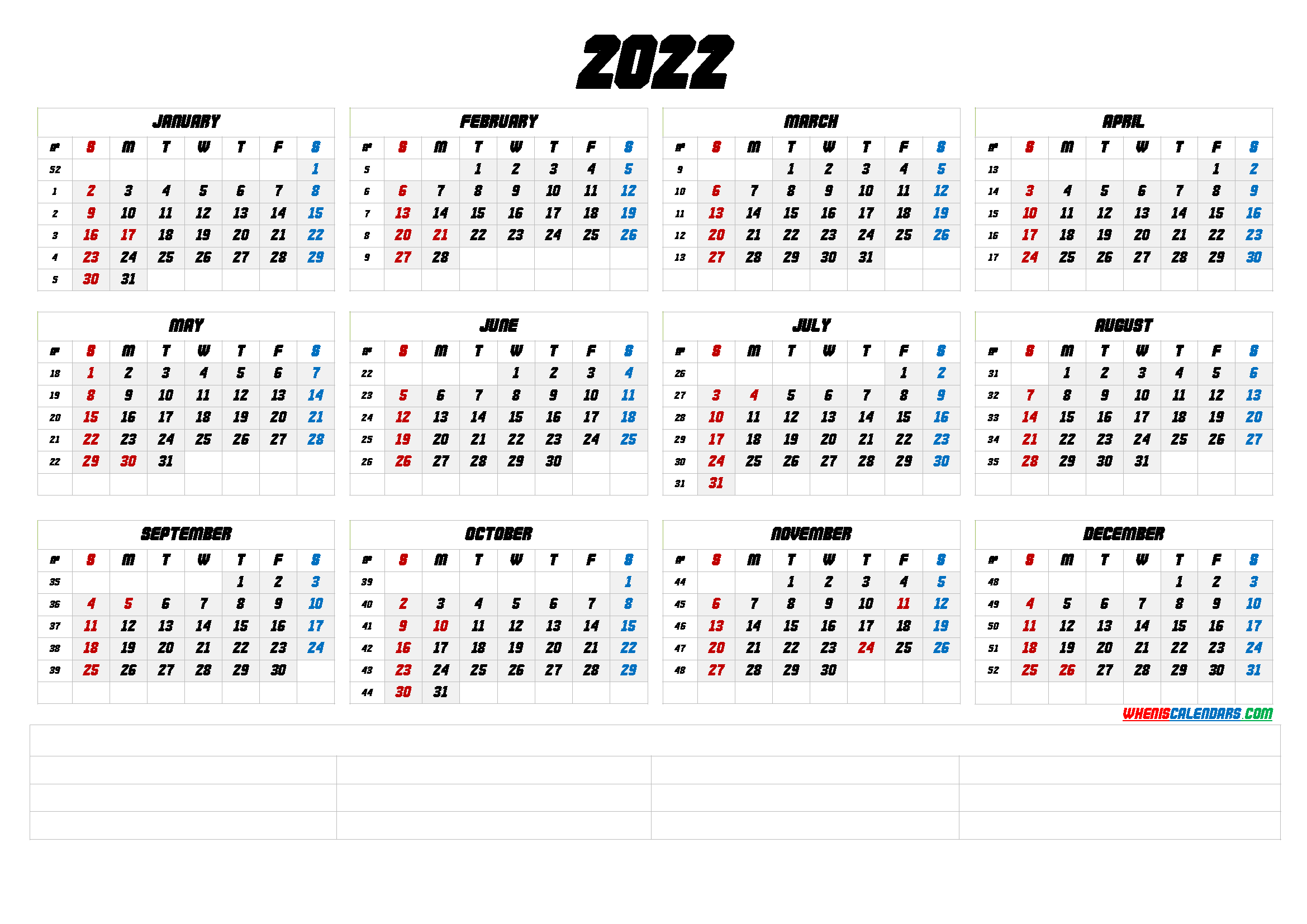 Free Printable 2022 Yearly Calendar with Week Numbers (6 ...