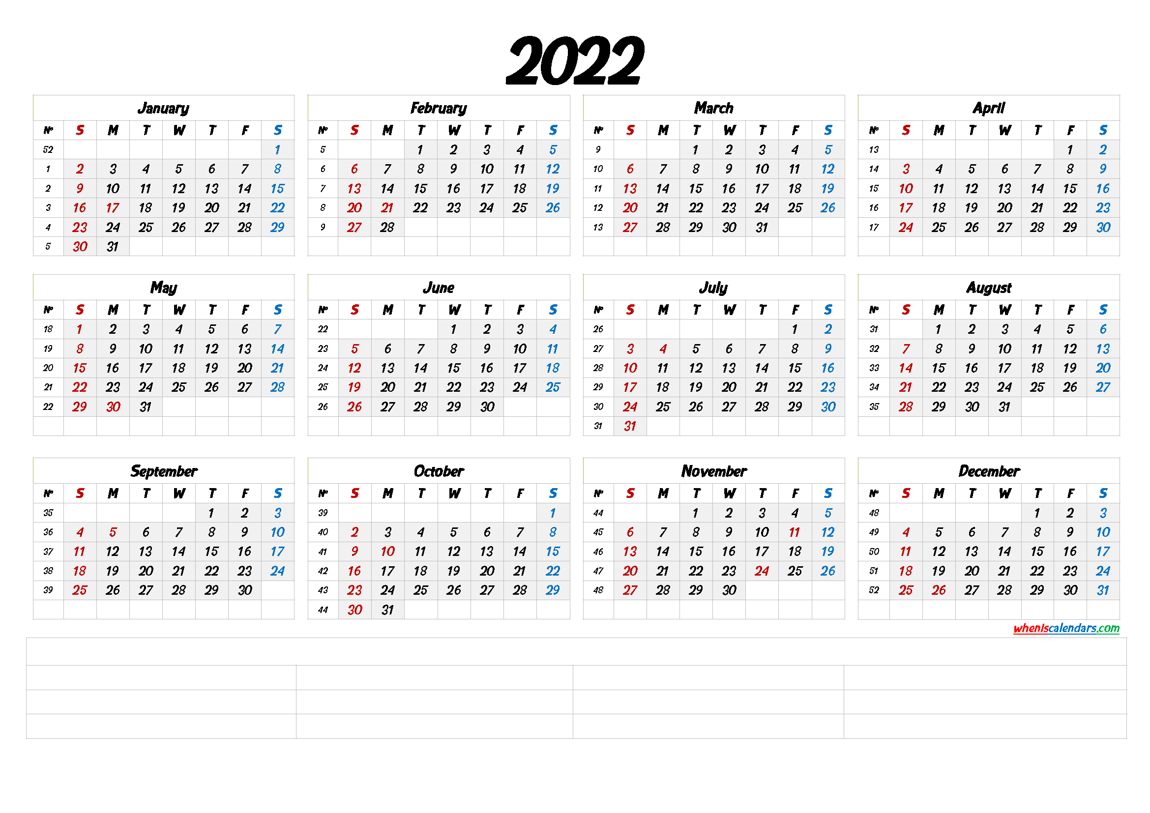 2022 One Page Printable Calendar