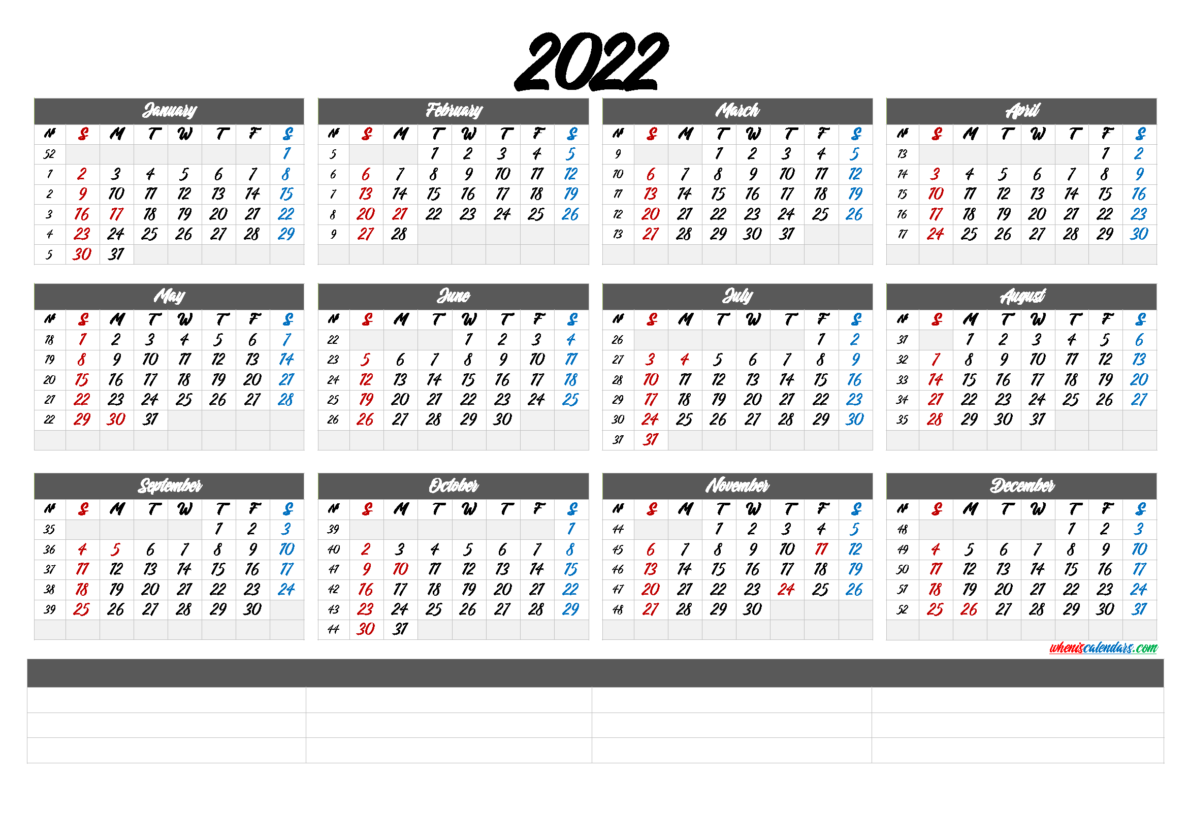 Free Printable Calendar Template 2022