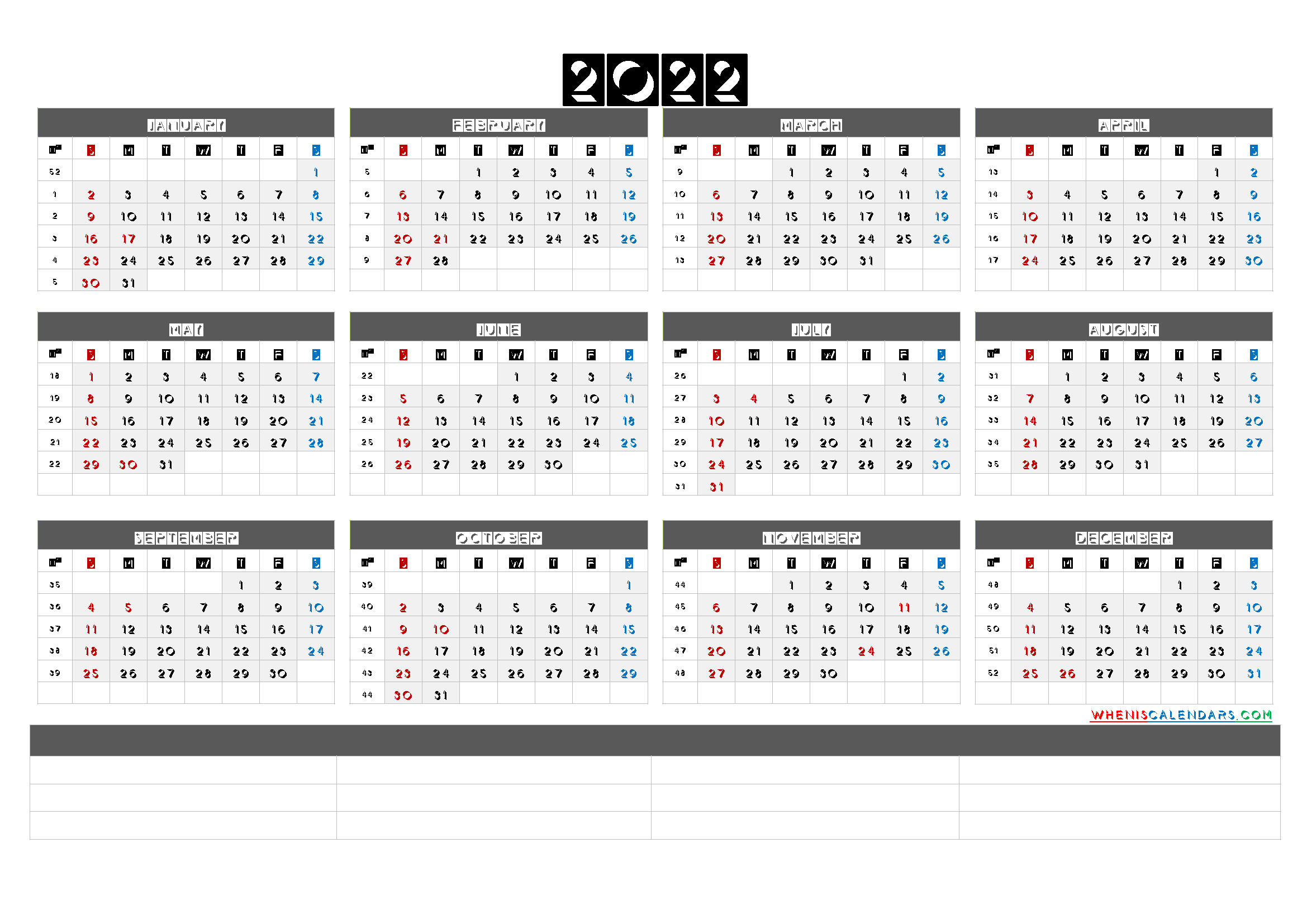 Downloadable 2022 Monthly Calendar 6 Templates Printable 2022 Yearly Calendar With Week 