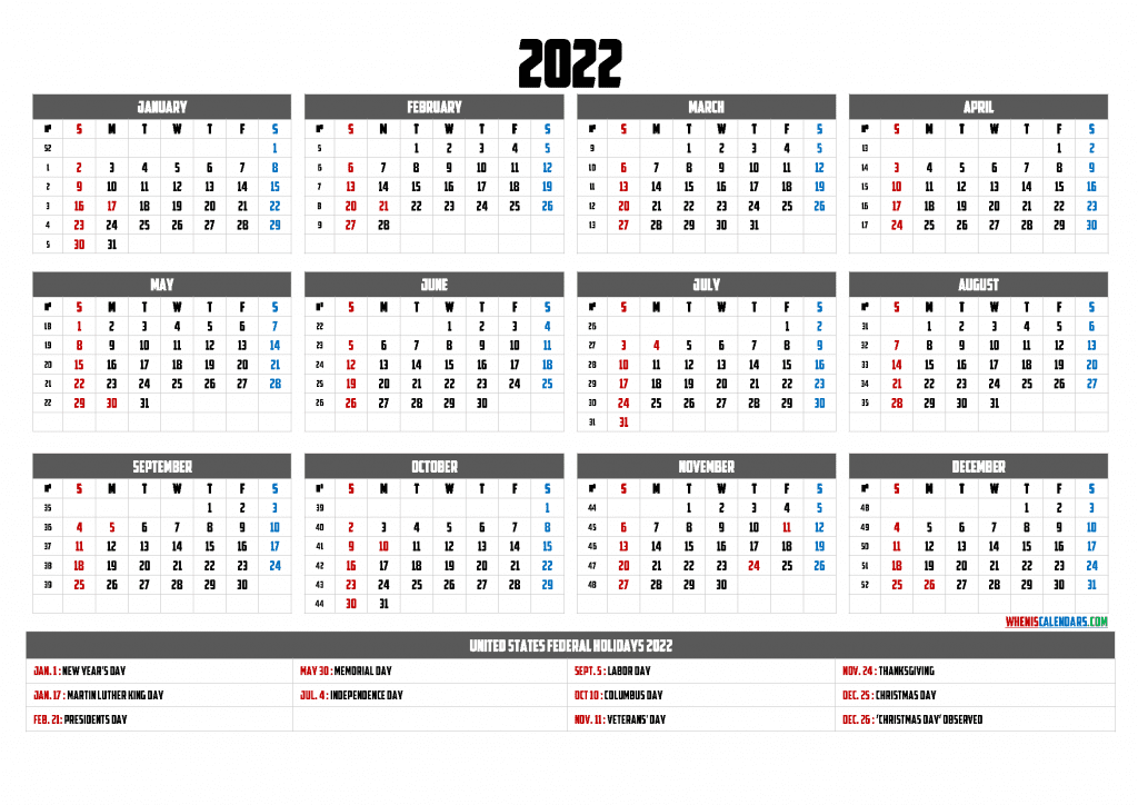 Free Printable 2022 Calendar with Holidays and week numbers as PDF and Image