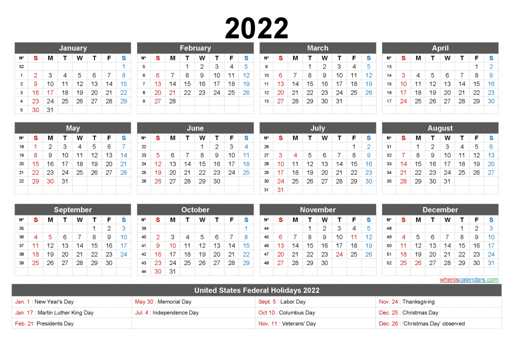 Free Printable 2022 Calendar with Holidays and week numbers as PDF and Image