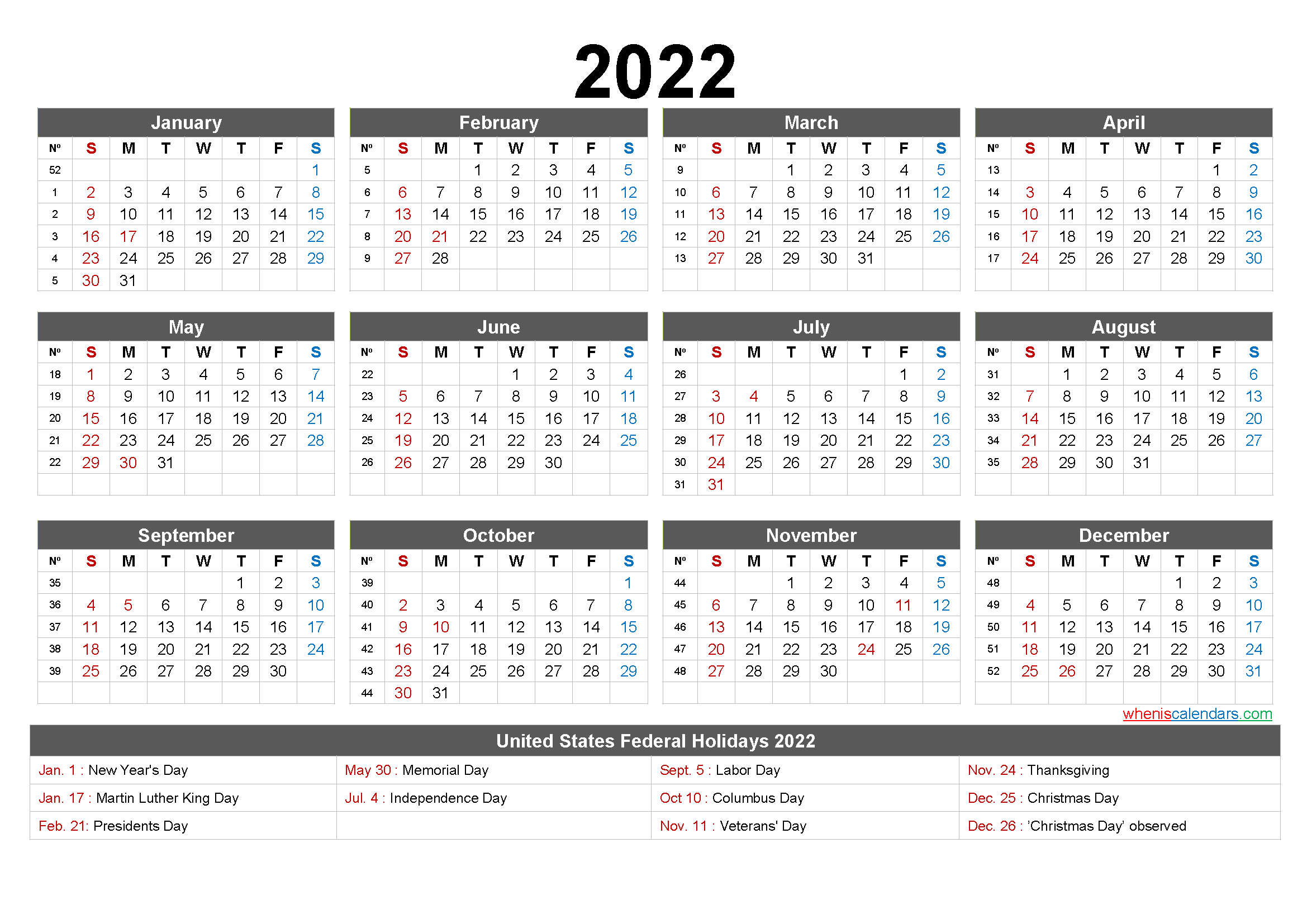 Free Printable 2022 Calendar With Holidays Pdf And Image
