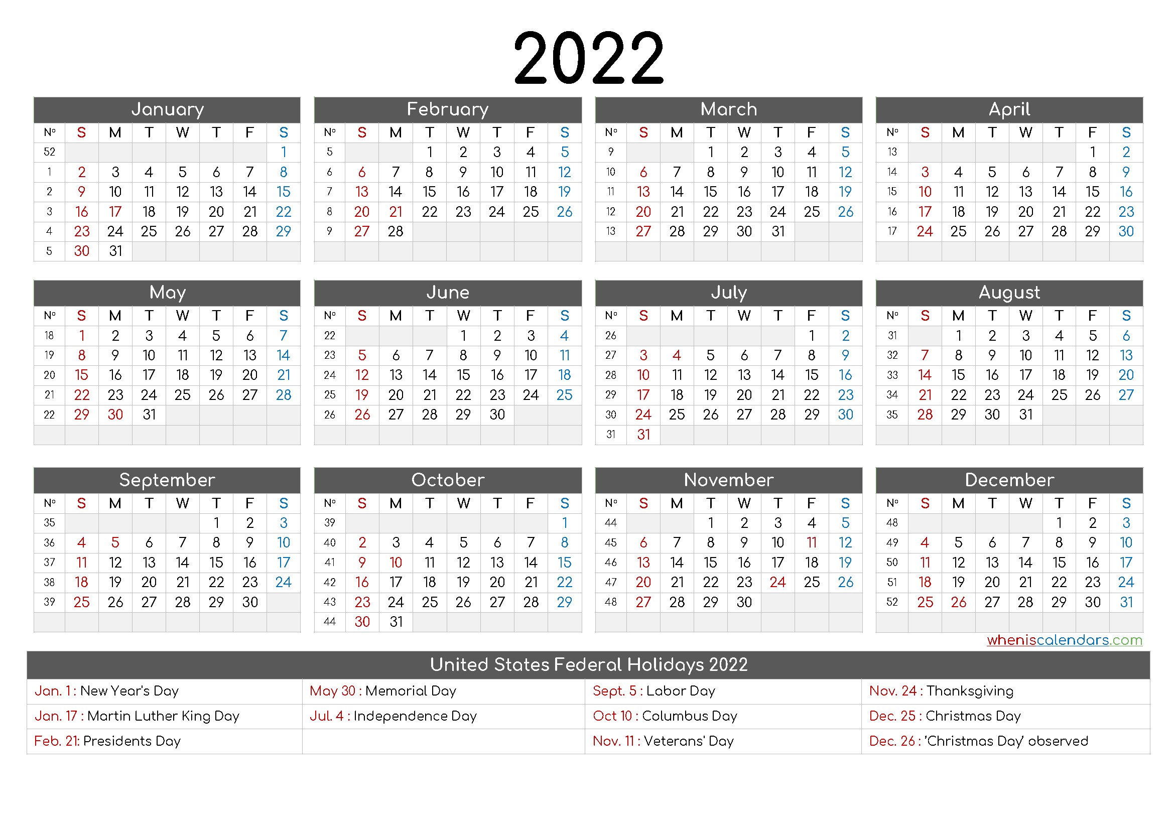 free printable 2022 calendar with holidays pdf and image