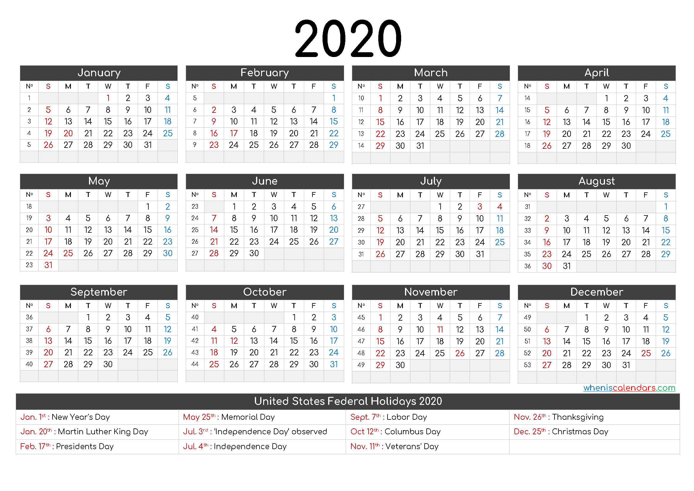 Year Calendar With Holidays In 2020 Free Printable Calendar Templates ...