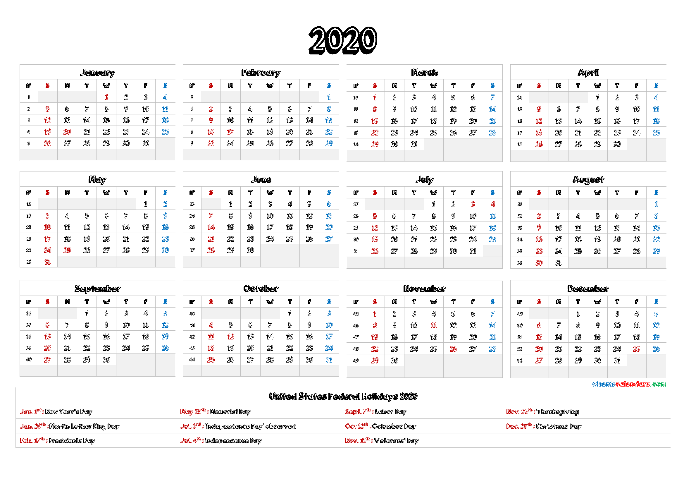 2020 Calendar With Week Numbers 12 Templates