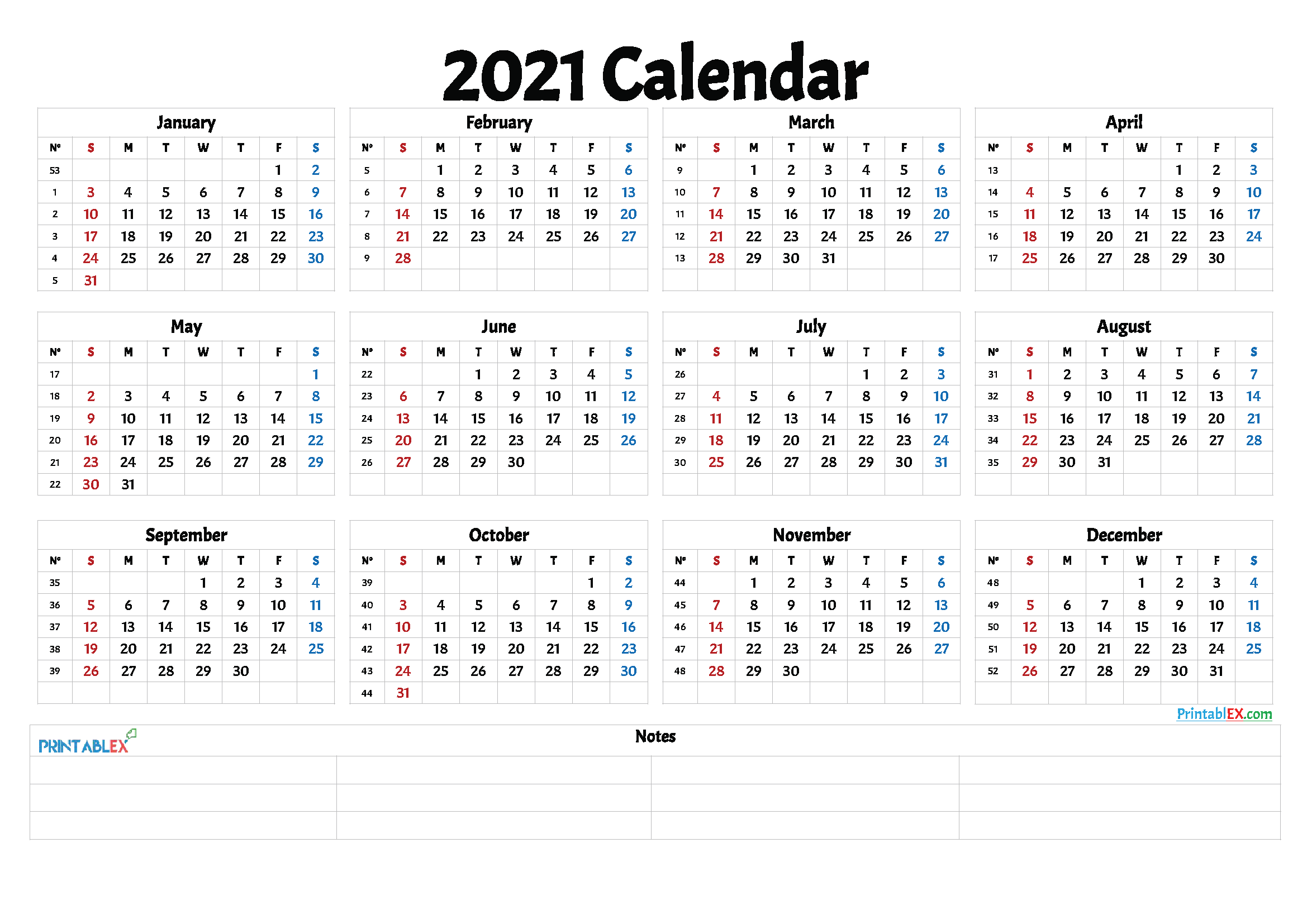 2021 Printable Yearly Calendar with Week Numbers - Free ...