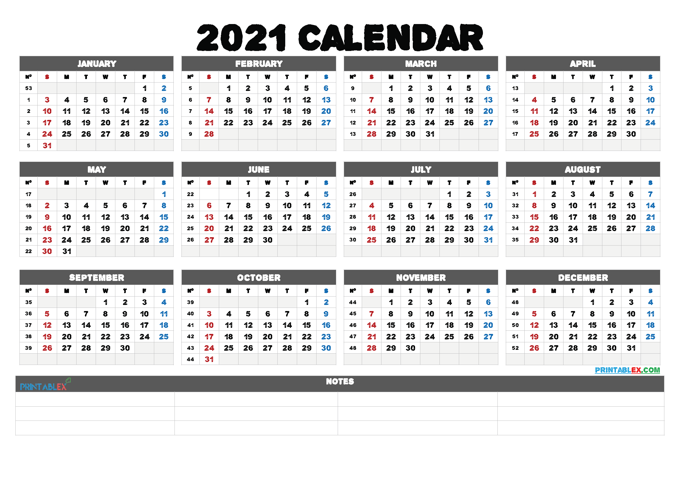 2021 Free Printable Yearly Calendar