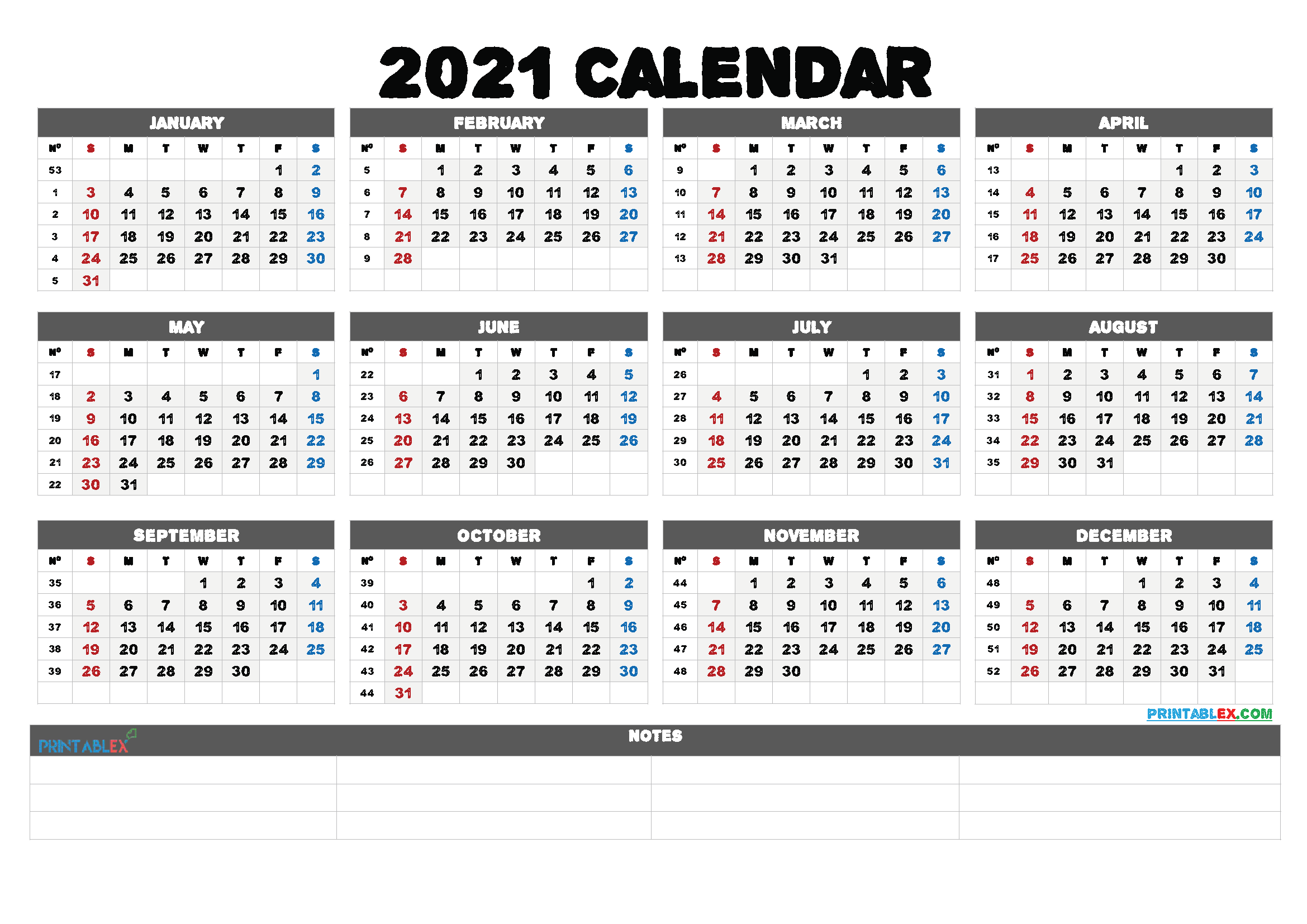 2021 Free Printable Yearly Calendar with Week Numbers