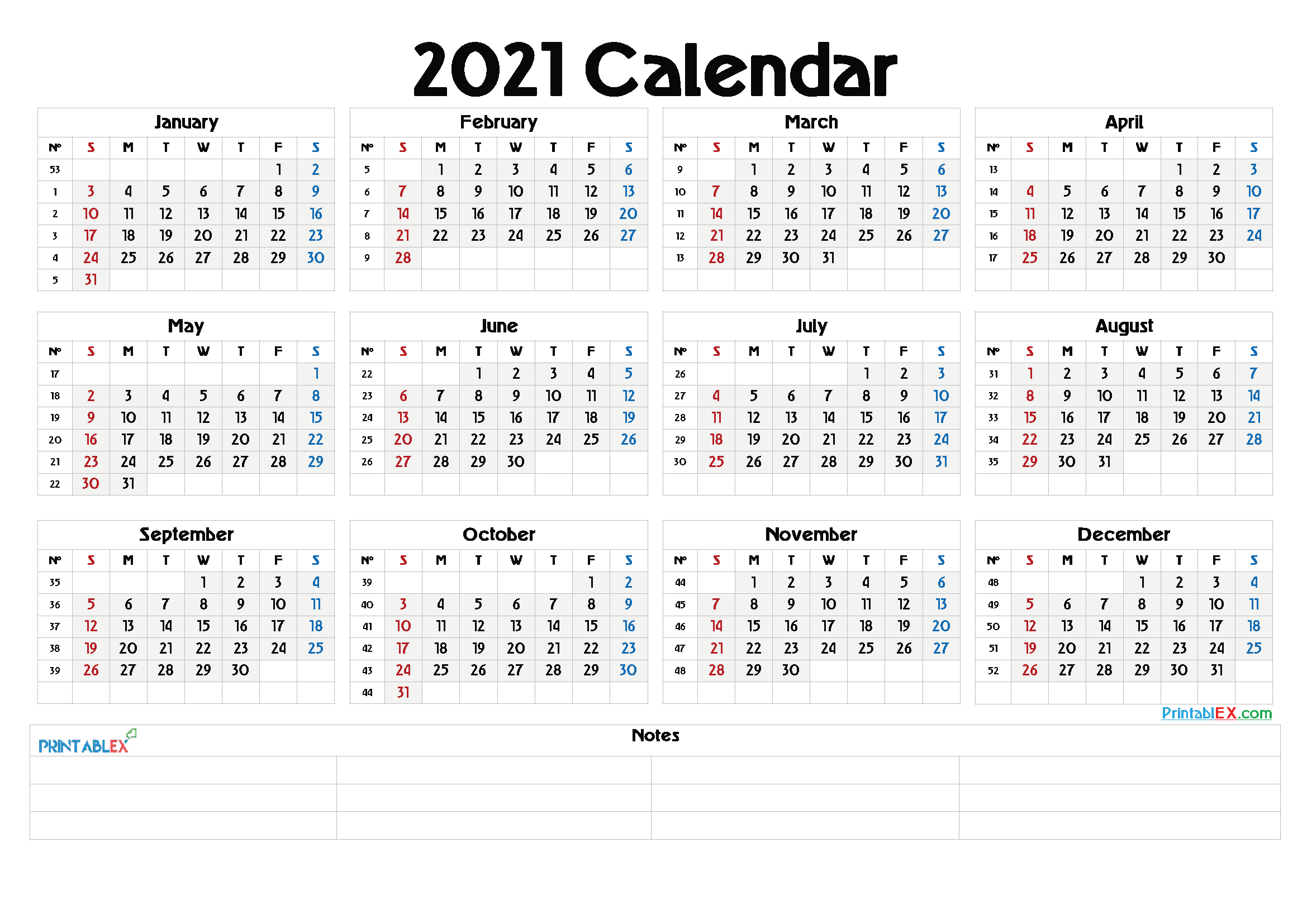 2021 Calendar Showing Week Numbers