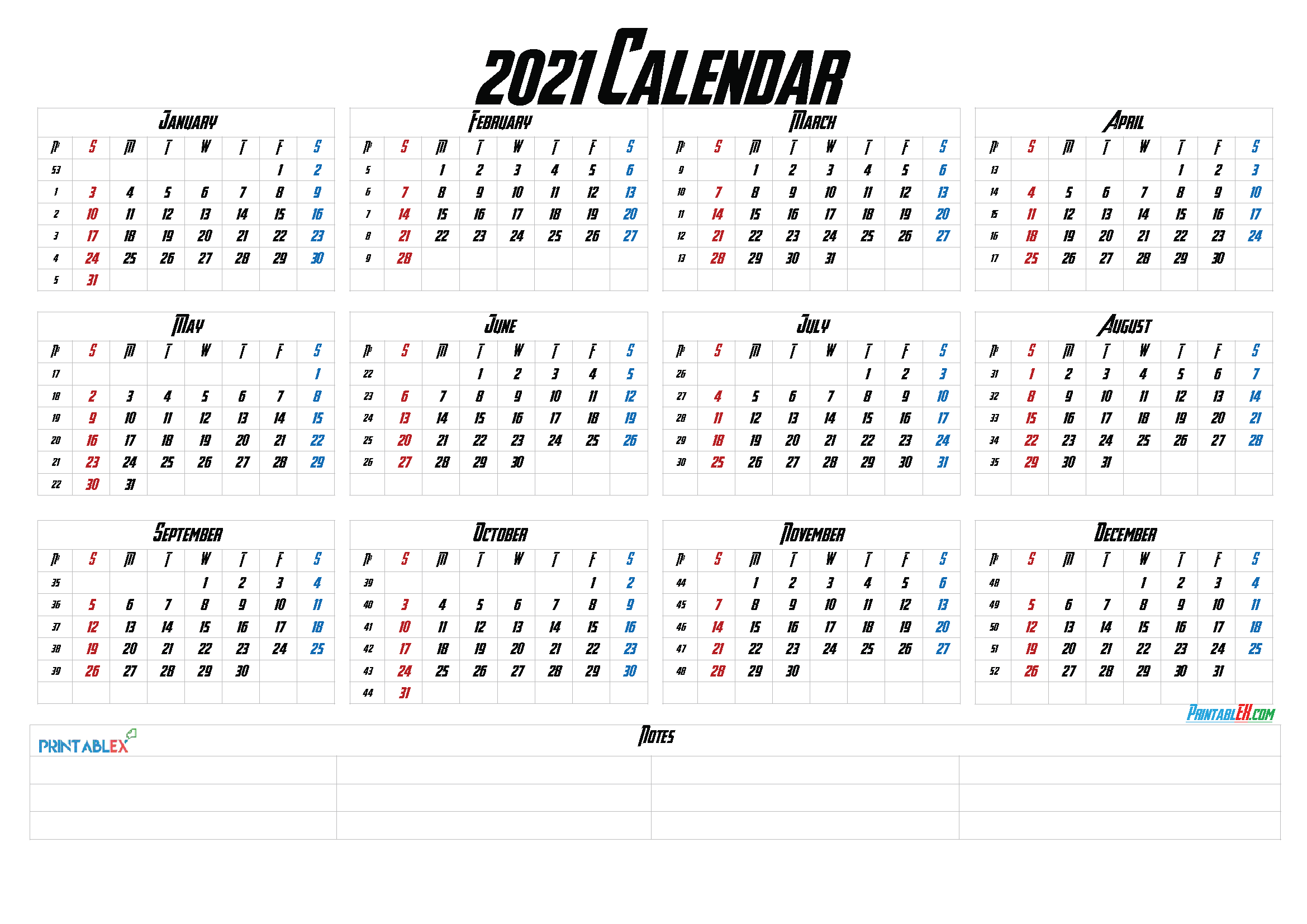 Printable 2021 Yearly Calendar