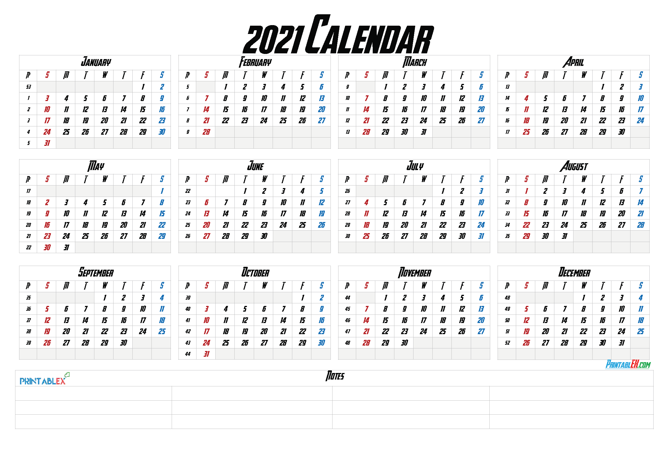 Printable 2021 Yearly Calendar with Week Numbers