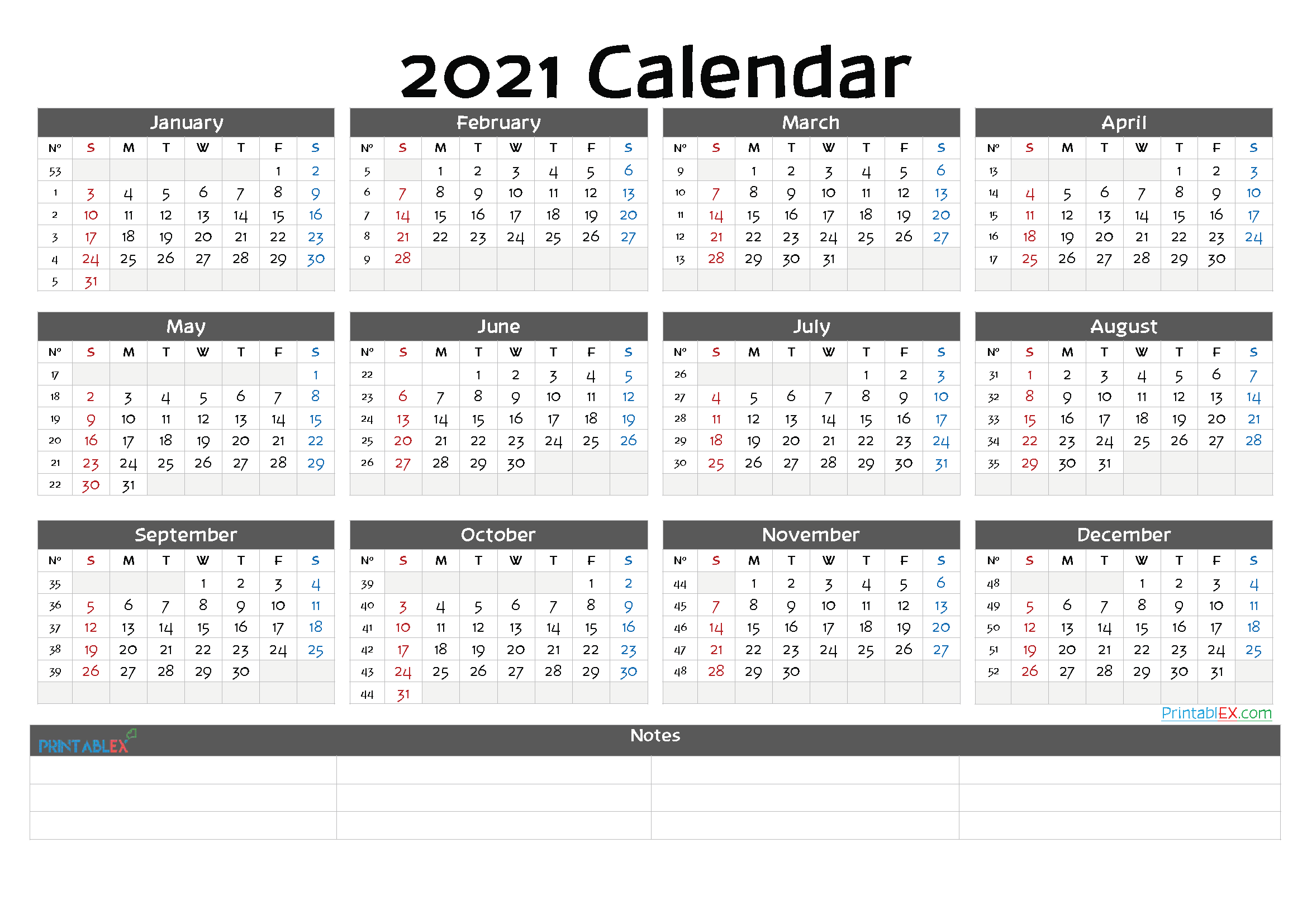 Printable 2021 Yearly Calendar with Week Numbers - 21ytw140