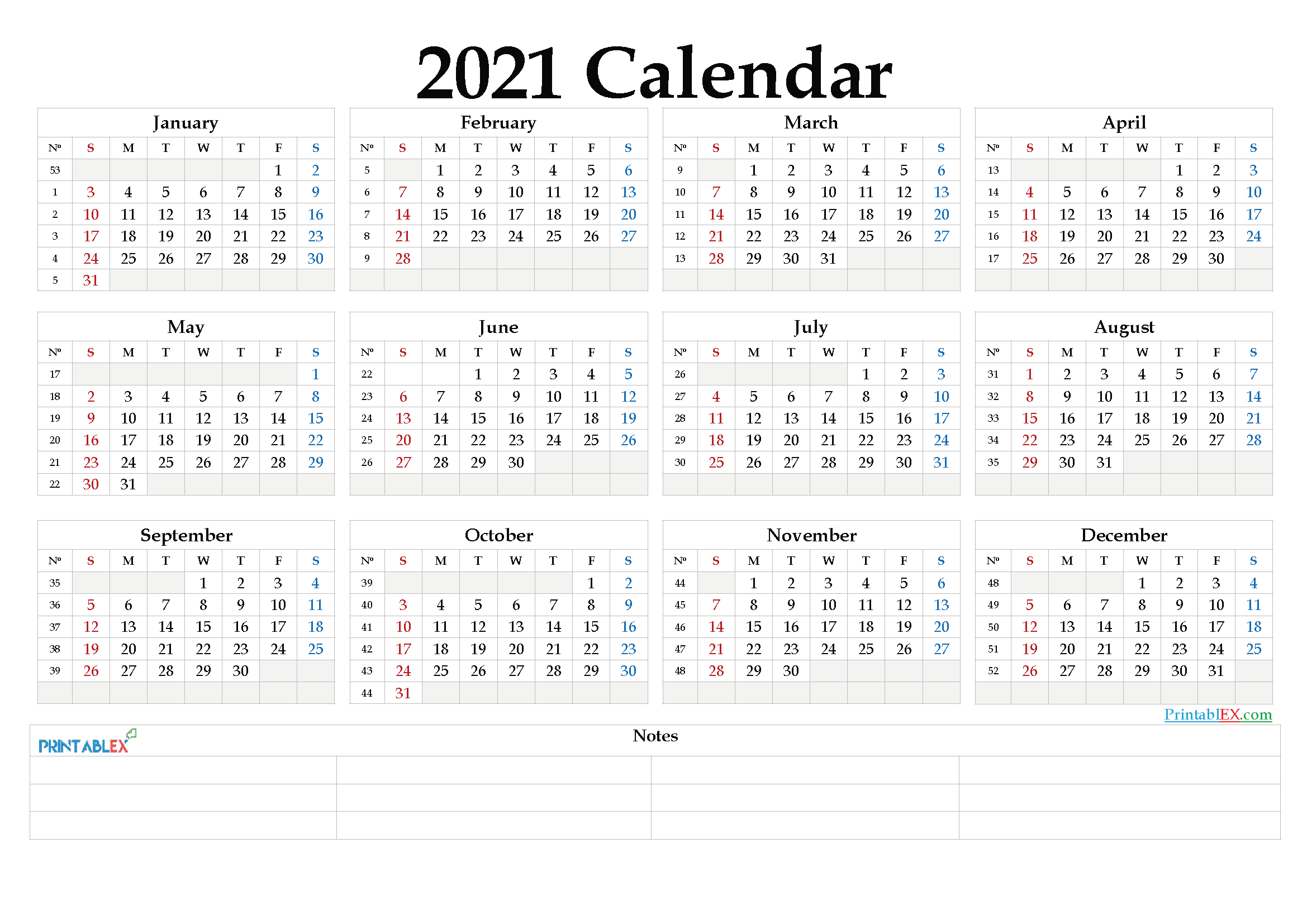 Free Printable 2021 Yearly Calendar