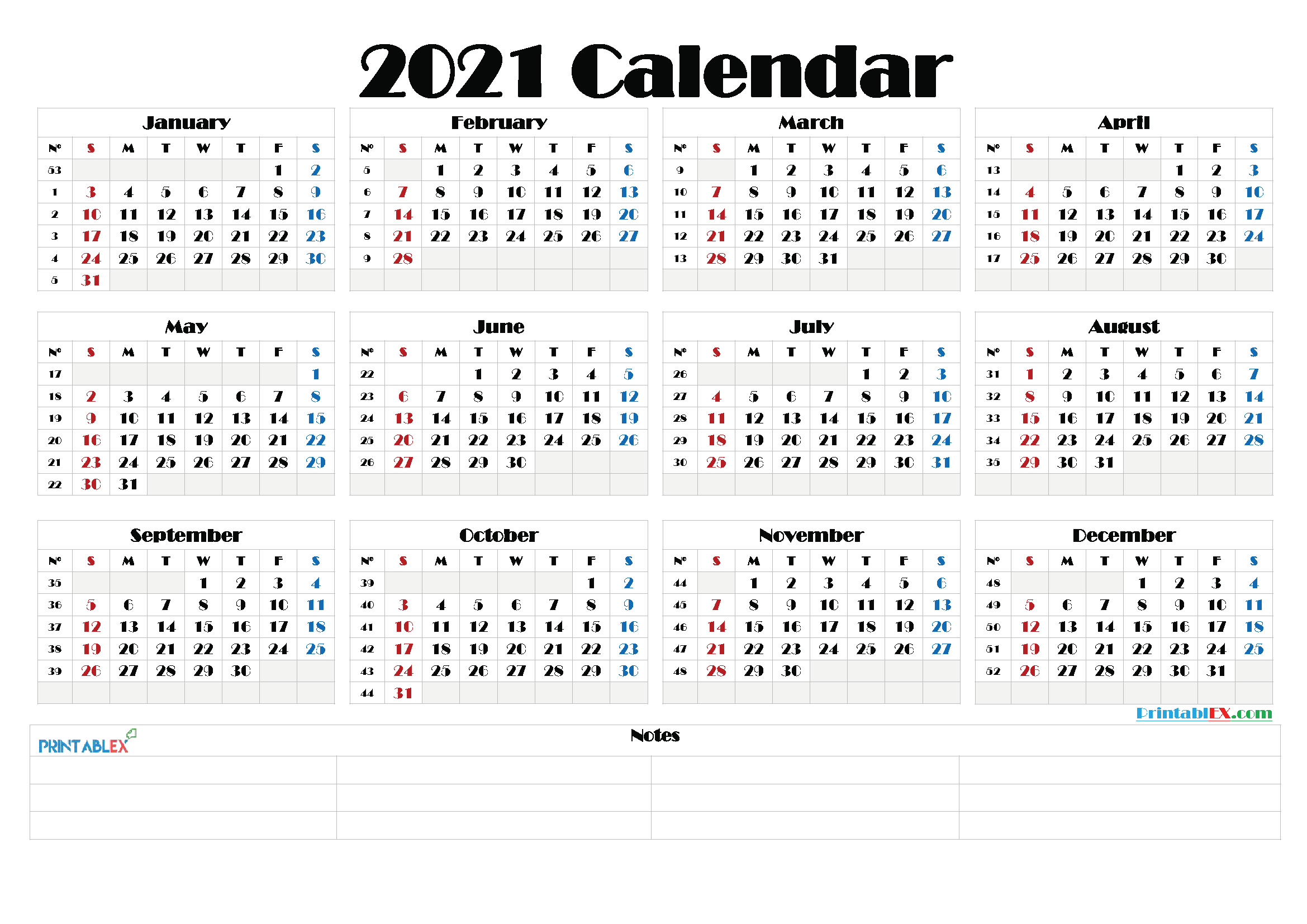 2021 Free Printable Yearly Calendar - 21ytw197