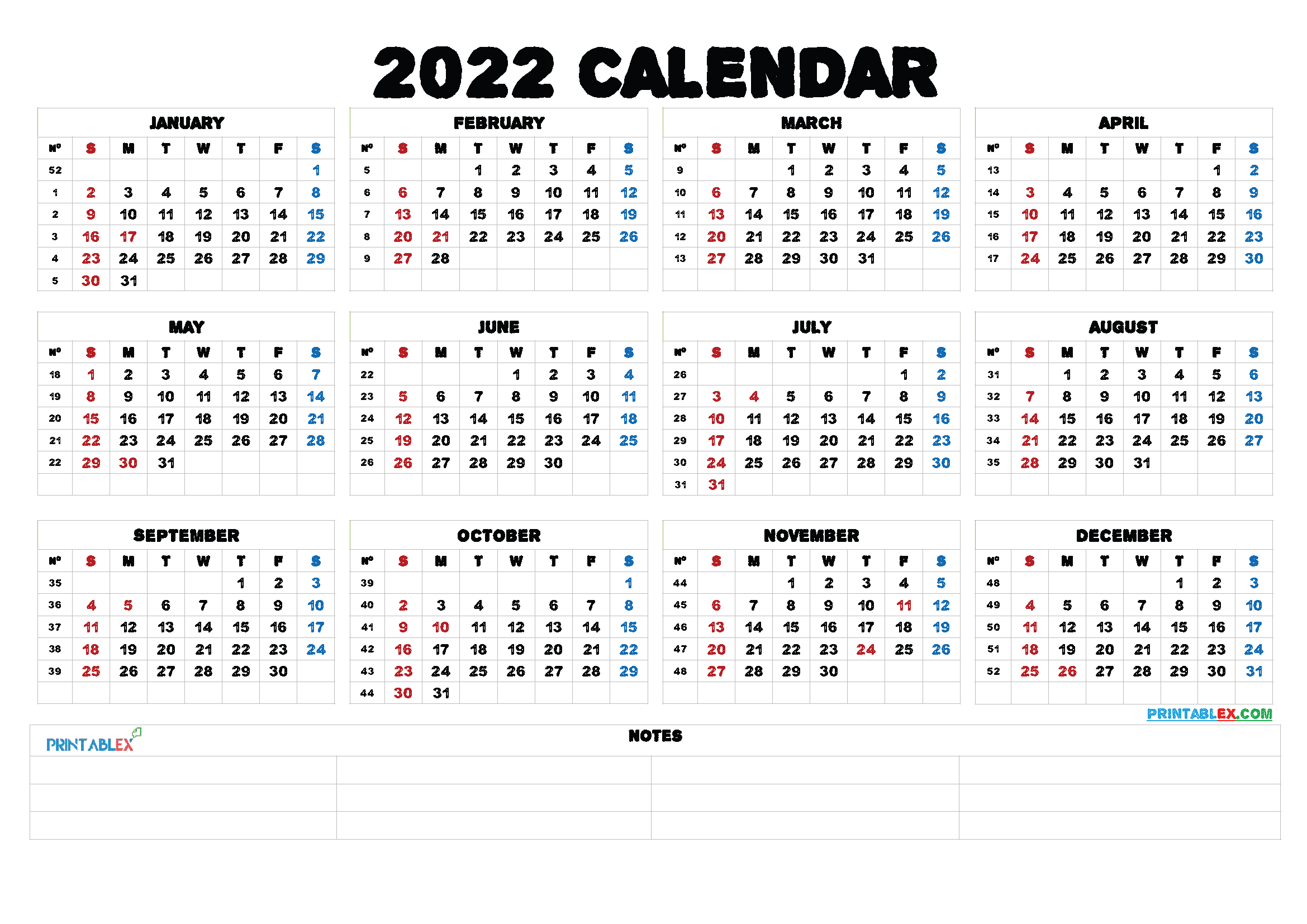 2022 Printable Yearly Calendar With Week Numbers 22ytw52
