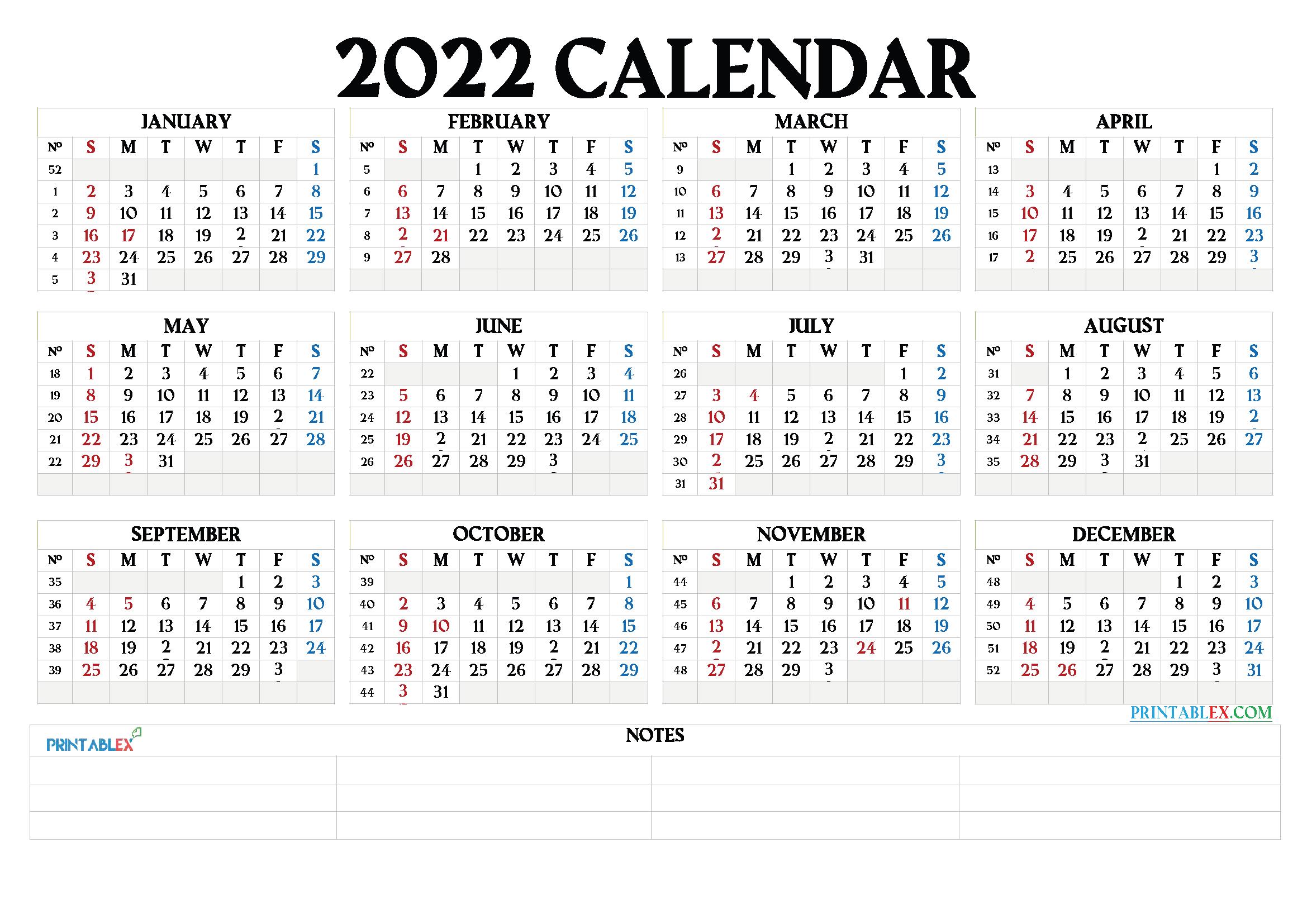 Calendar 22 With Week Numbers Landscape Pdf Image