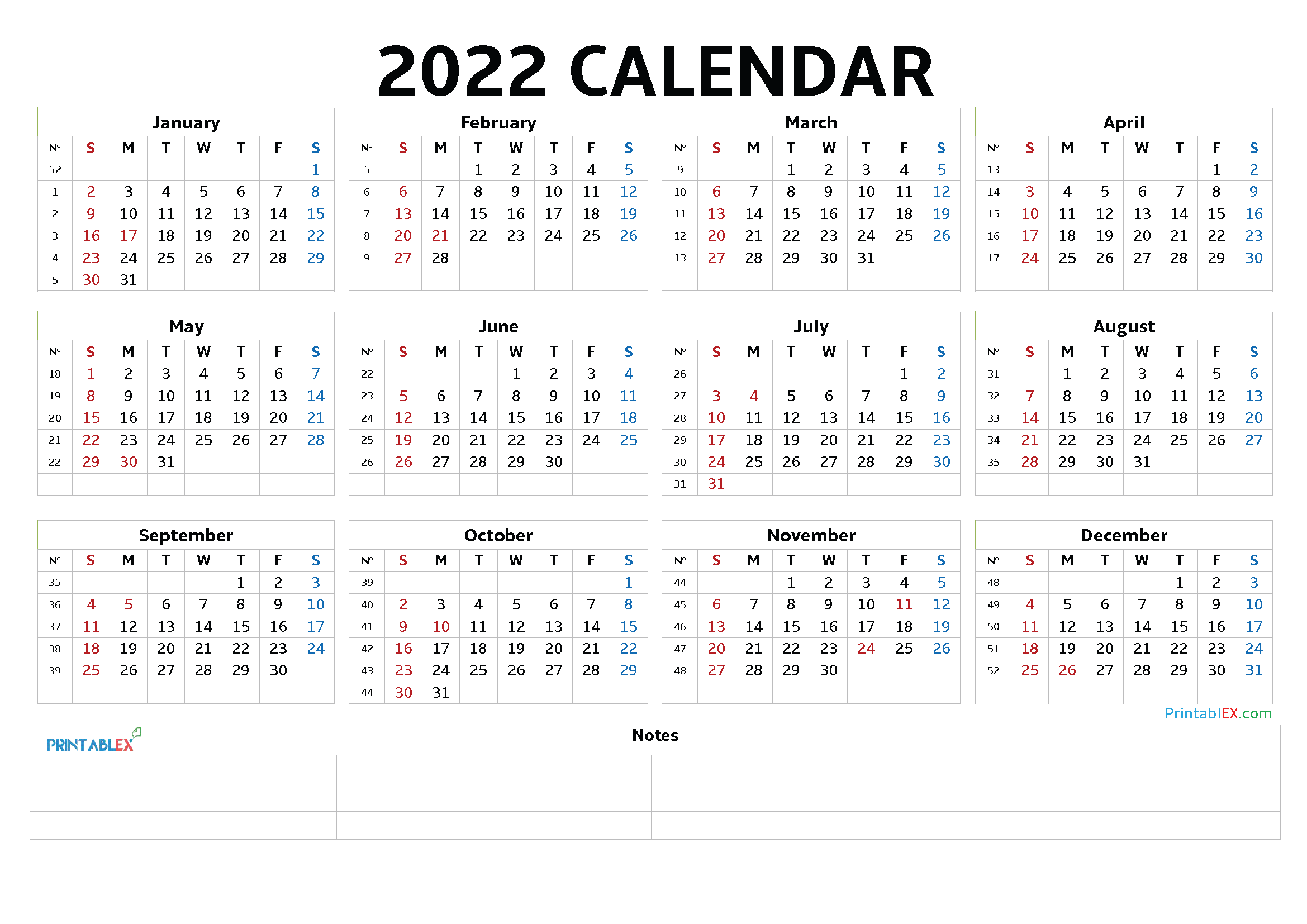 2022 Printable Calendar with Holidays