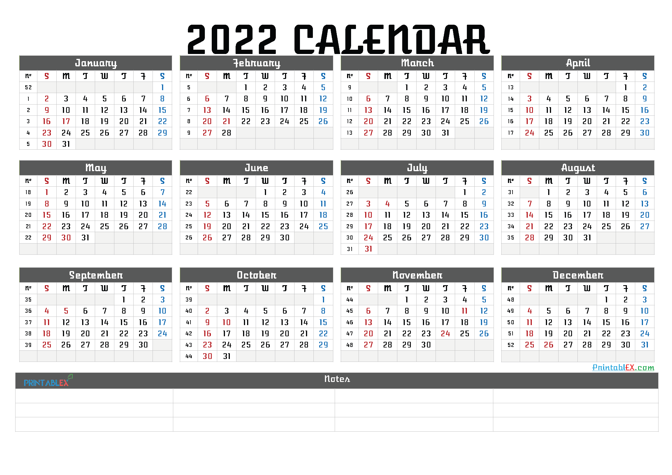 Numbered Week Calendar 2022 Calendar 2022 With Week Numbers (Landscape, Pdf, Image)