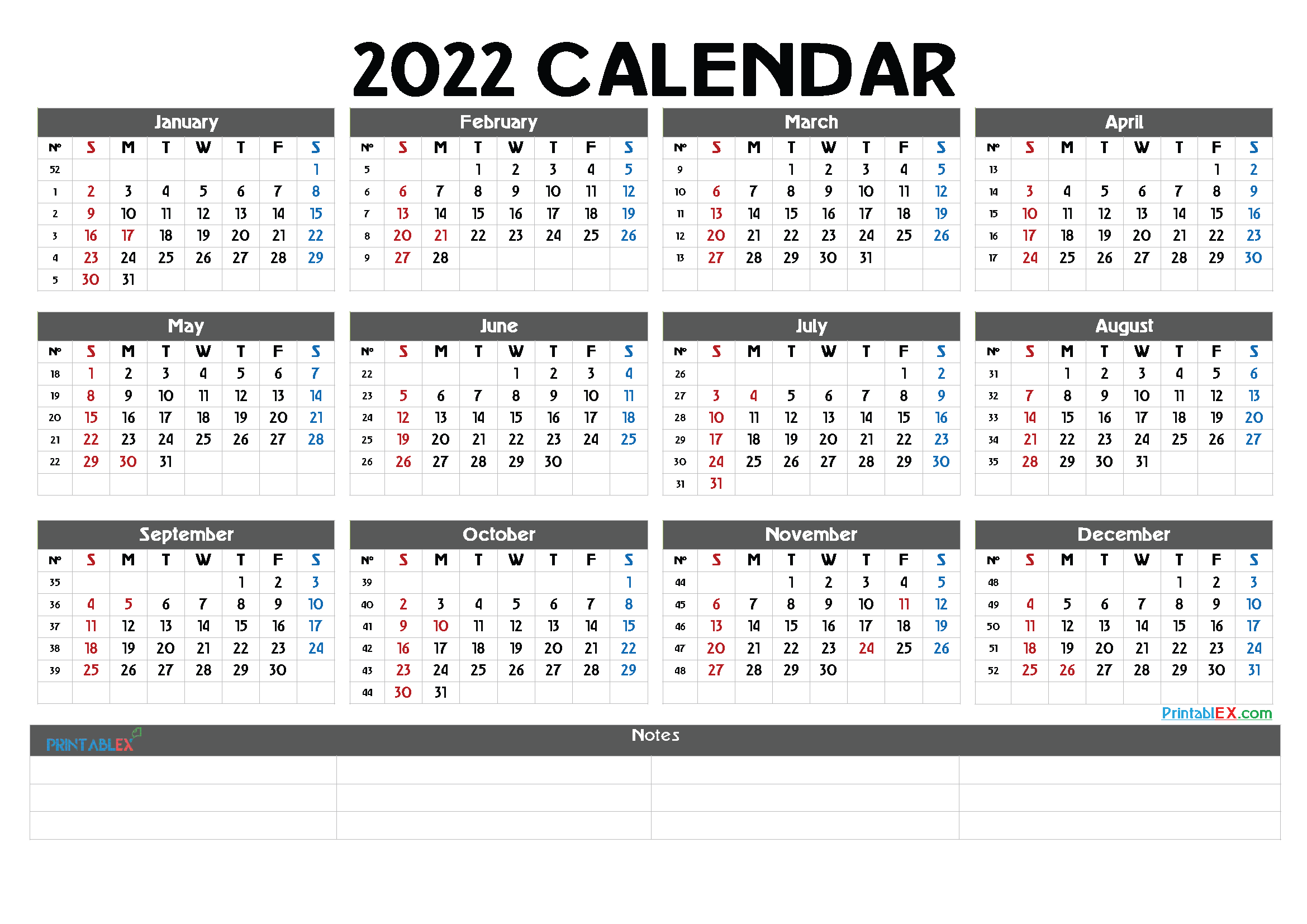 Printable Calendar with Holidays 2022