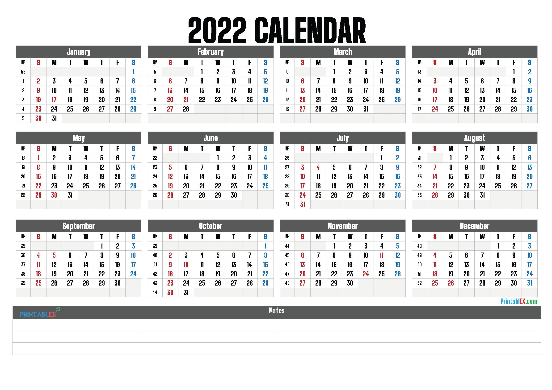 Free Printable 2022 Yearly Calendar