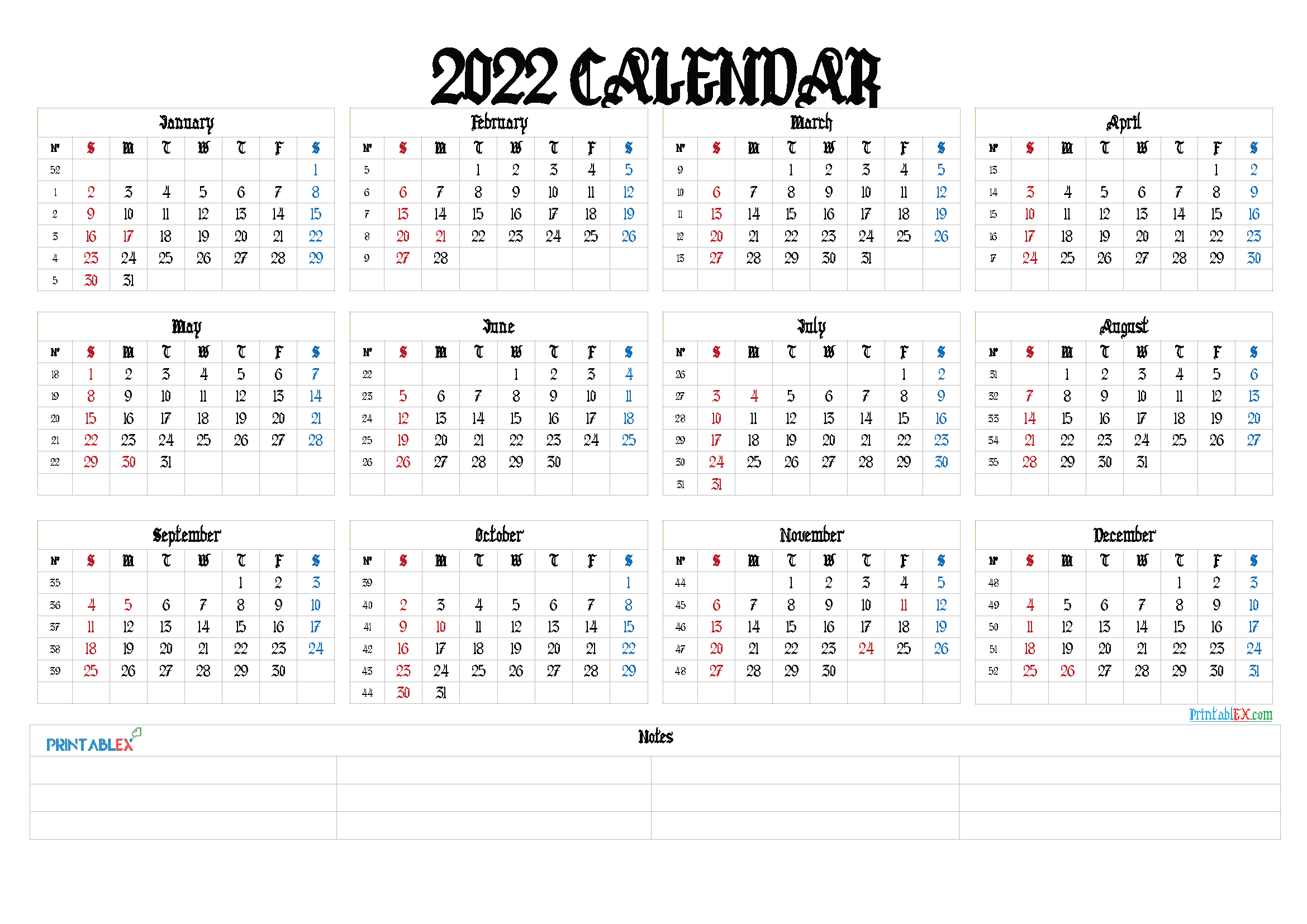 2022 Calendar with Week Numbers Printable