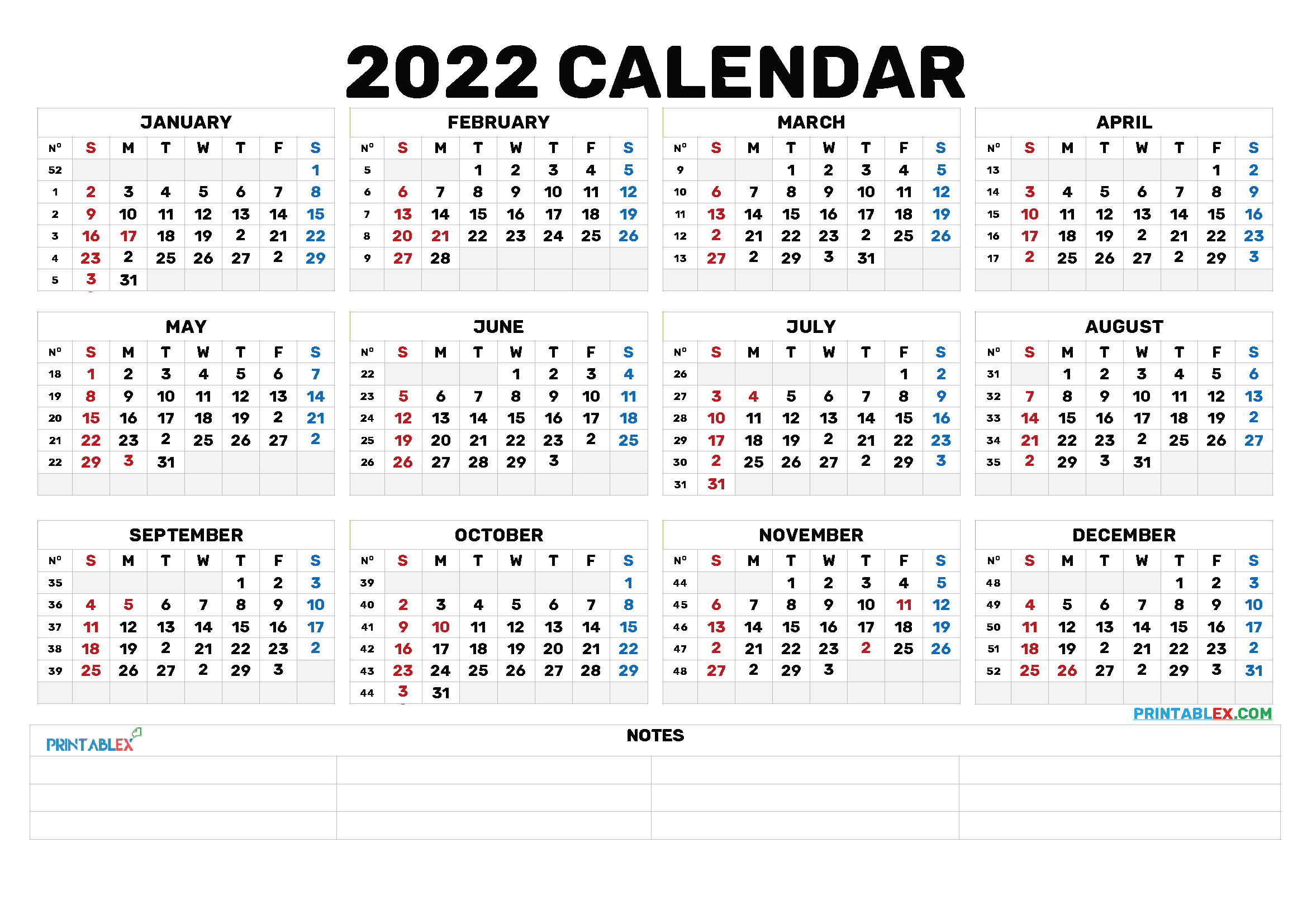 2022 Annual Calendar Printable 22ytw173