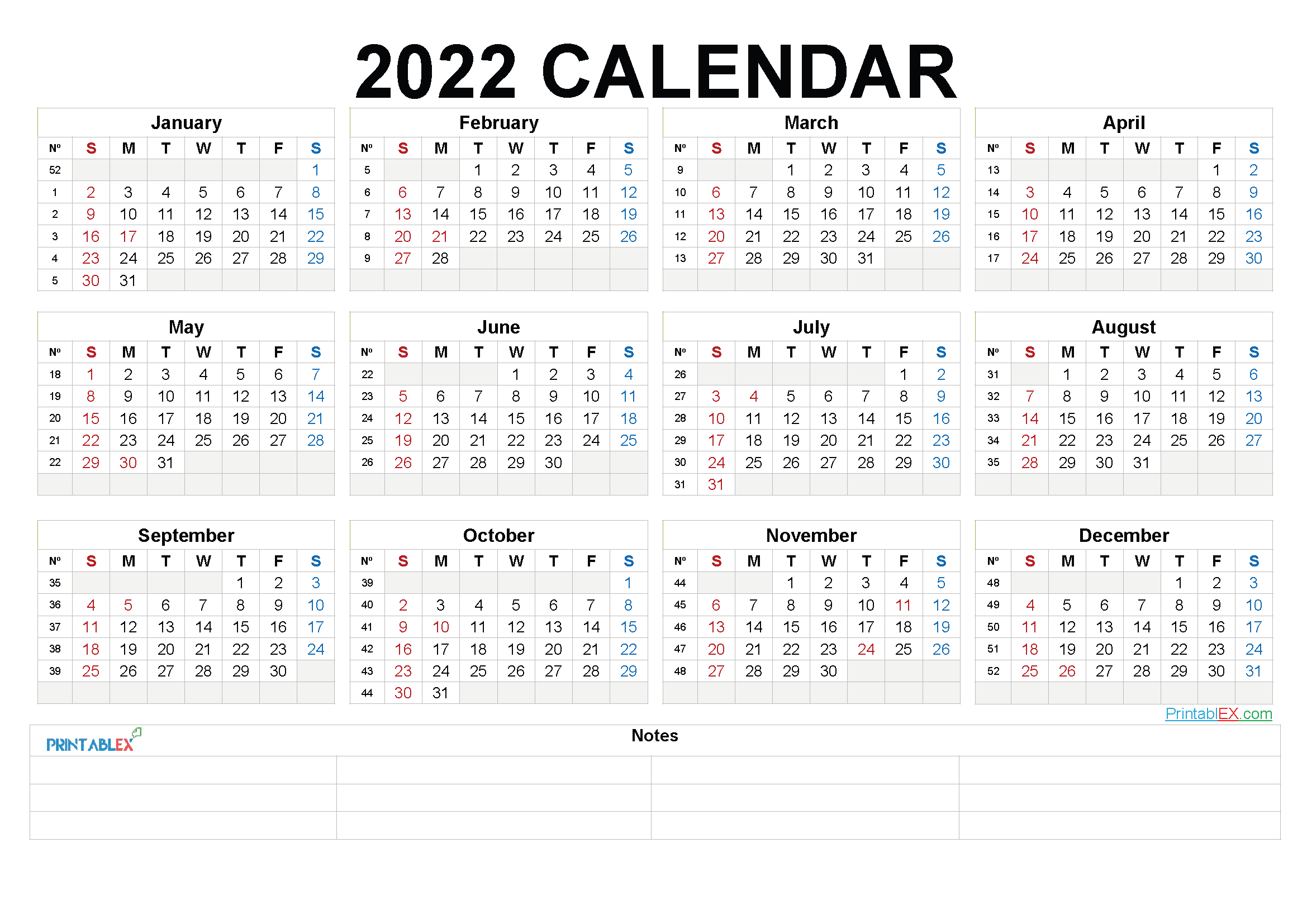 Printable 2022 Yearly Calendar With Week Numbers 22ytw203