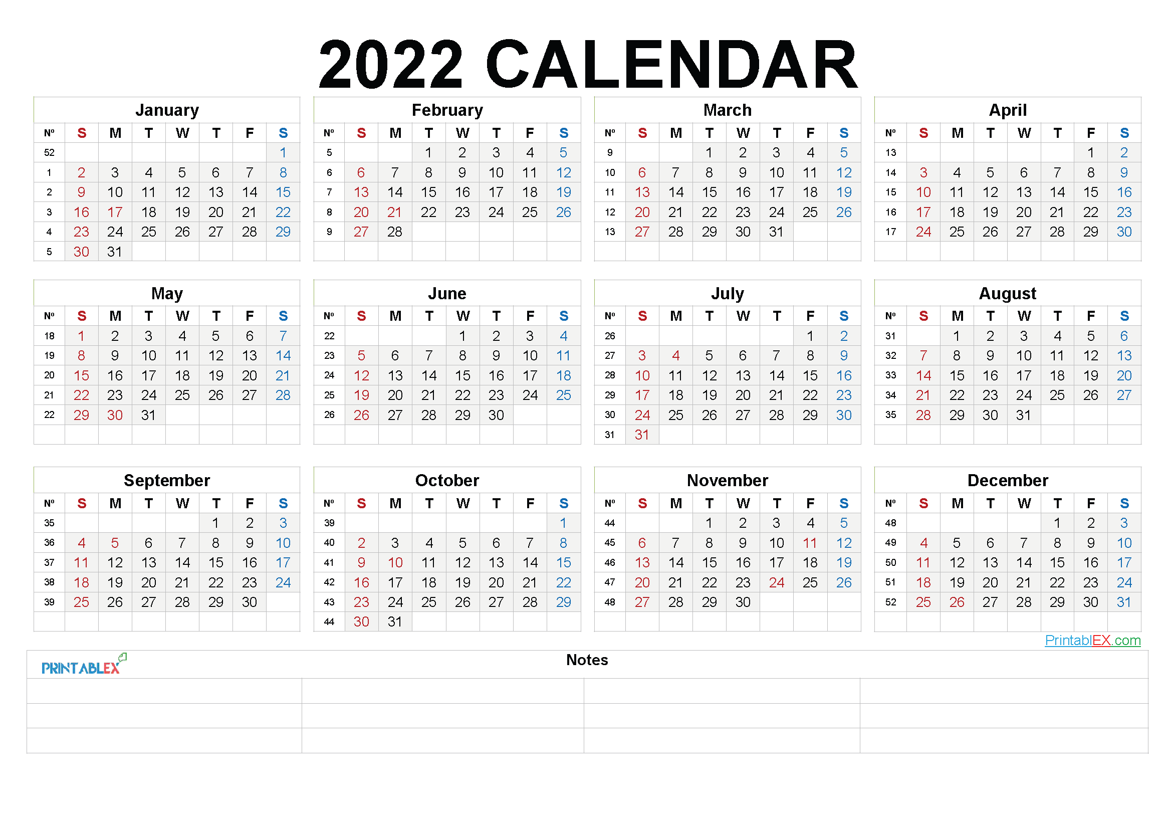 Printable 2022 Calendar Templates 22ytw204