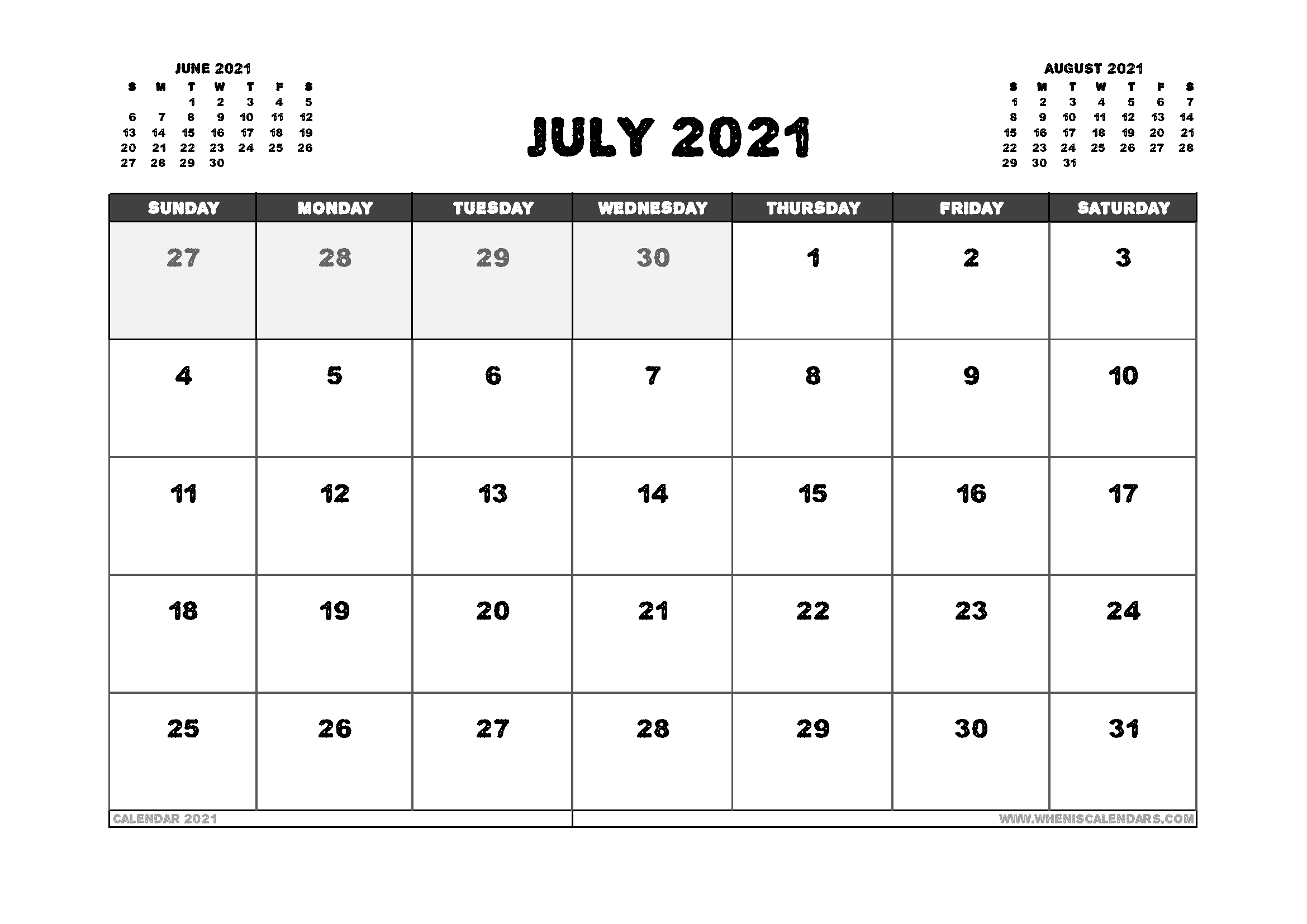 44+ Free Printable July 2021 Calendar Landscape PNG