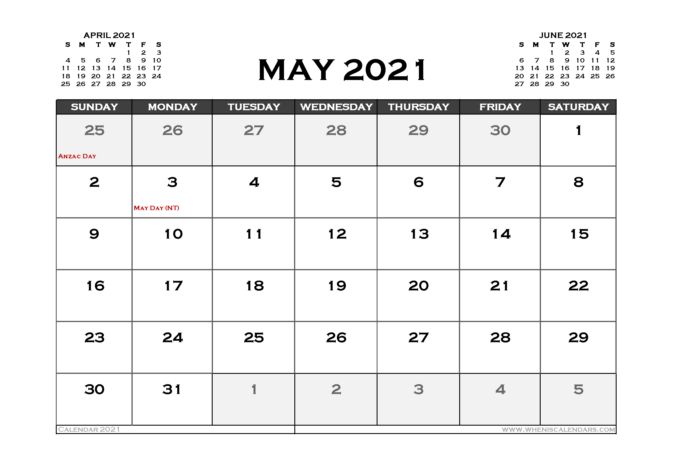 Printable May 2021 Calendar Australia