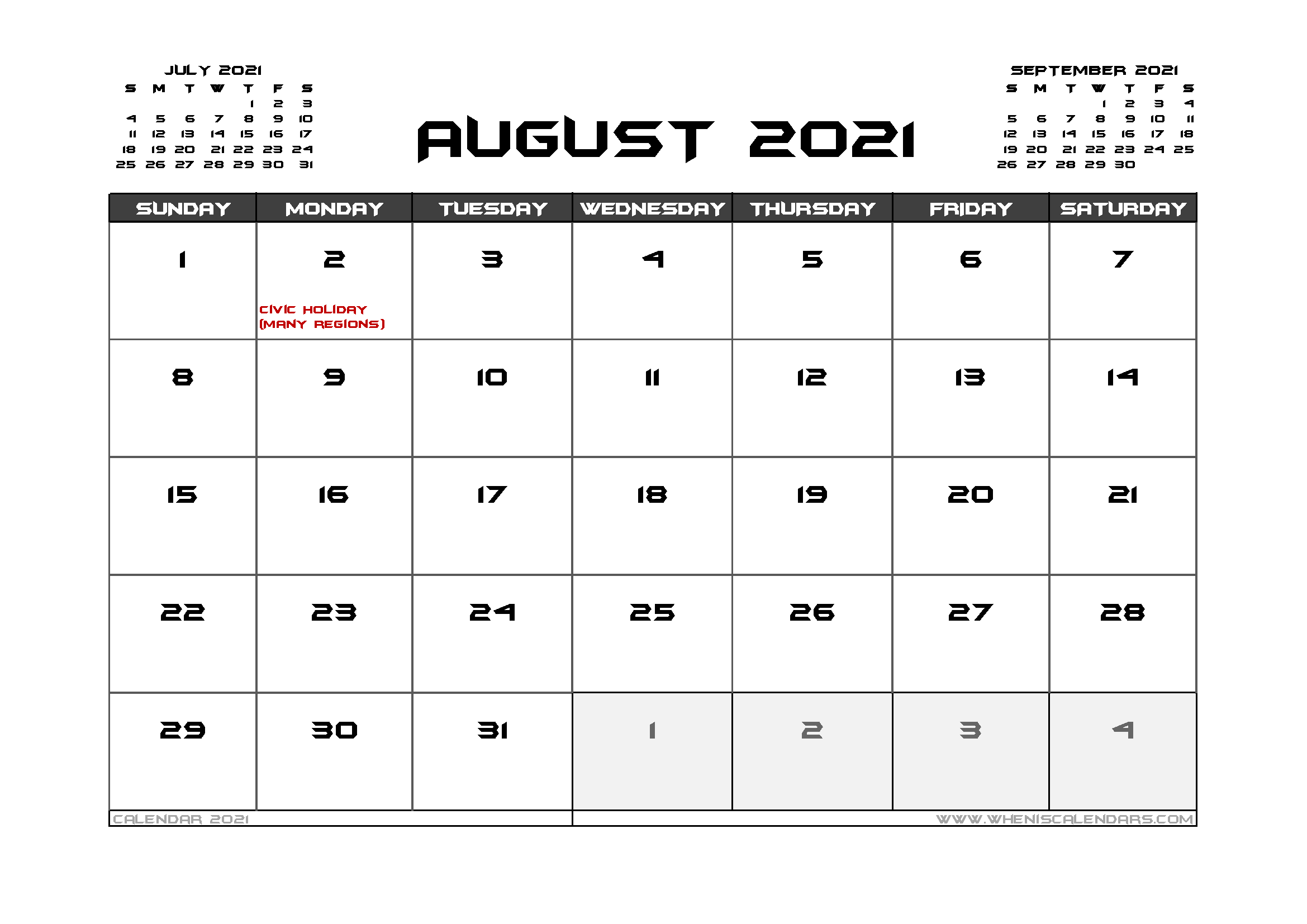 21+ August 2020 Calendar Canada Printable PNG