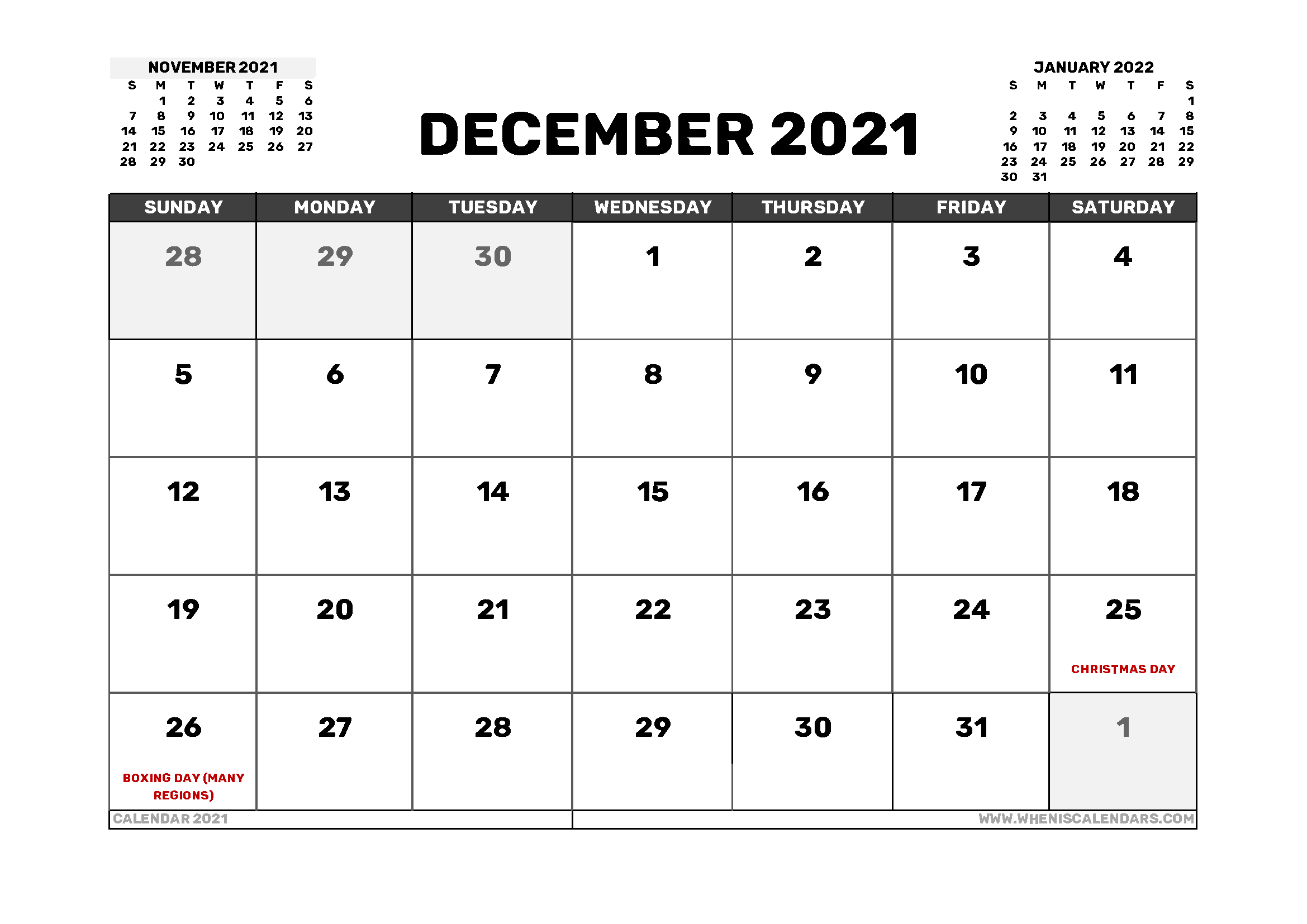 December 2021 Calendar Canada with Holidays