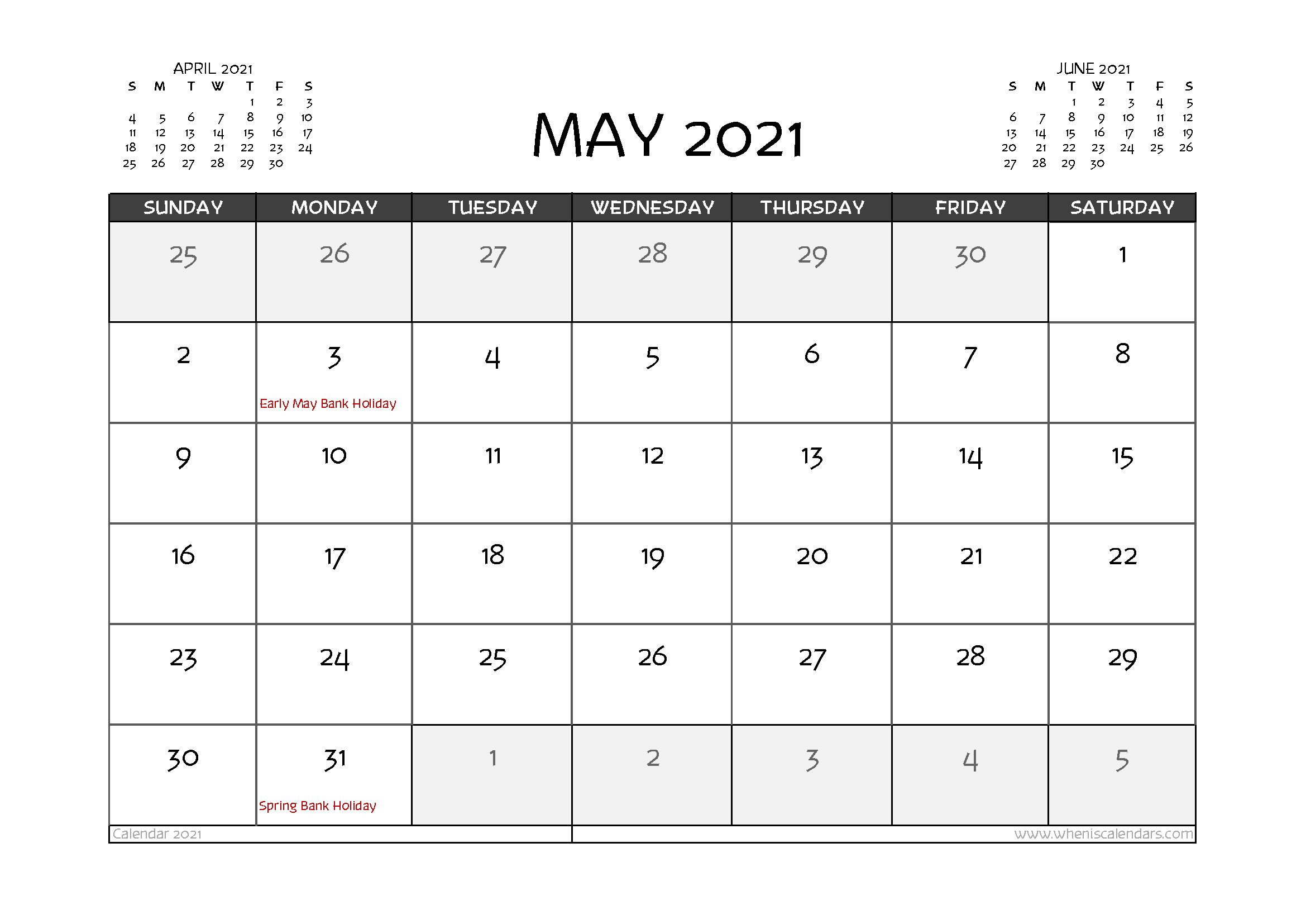 Free Printable May 2021 Calendar UK