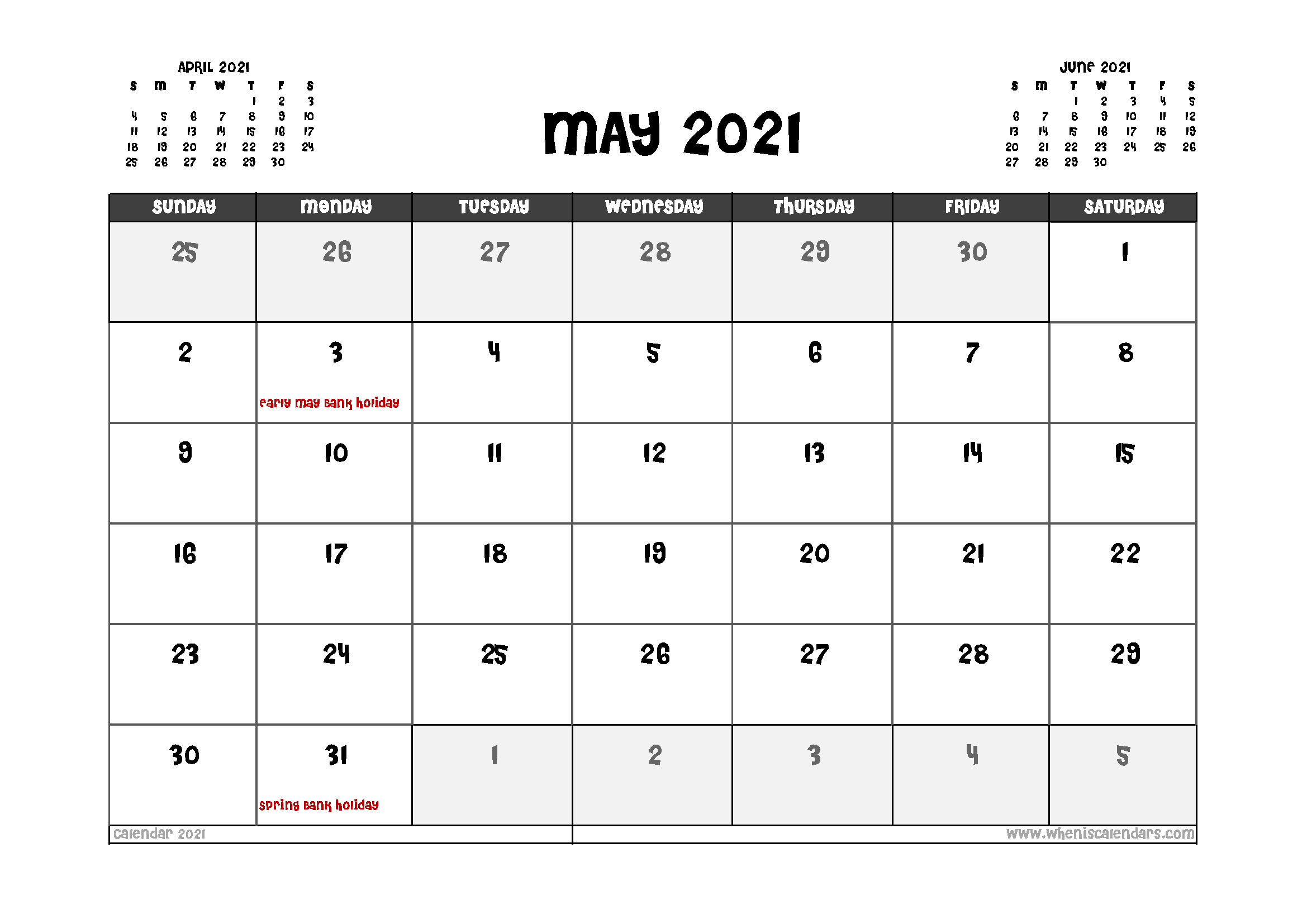 Printable May 2021 Calendar UK