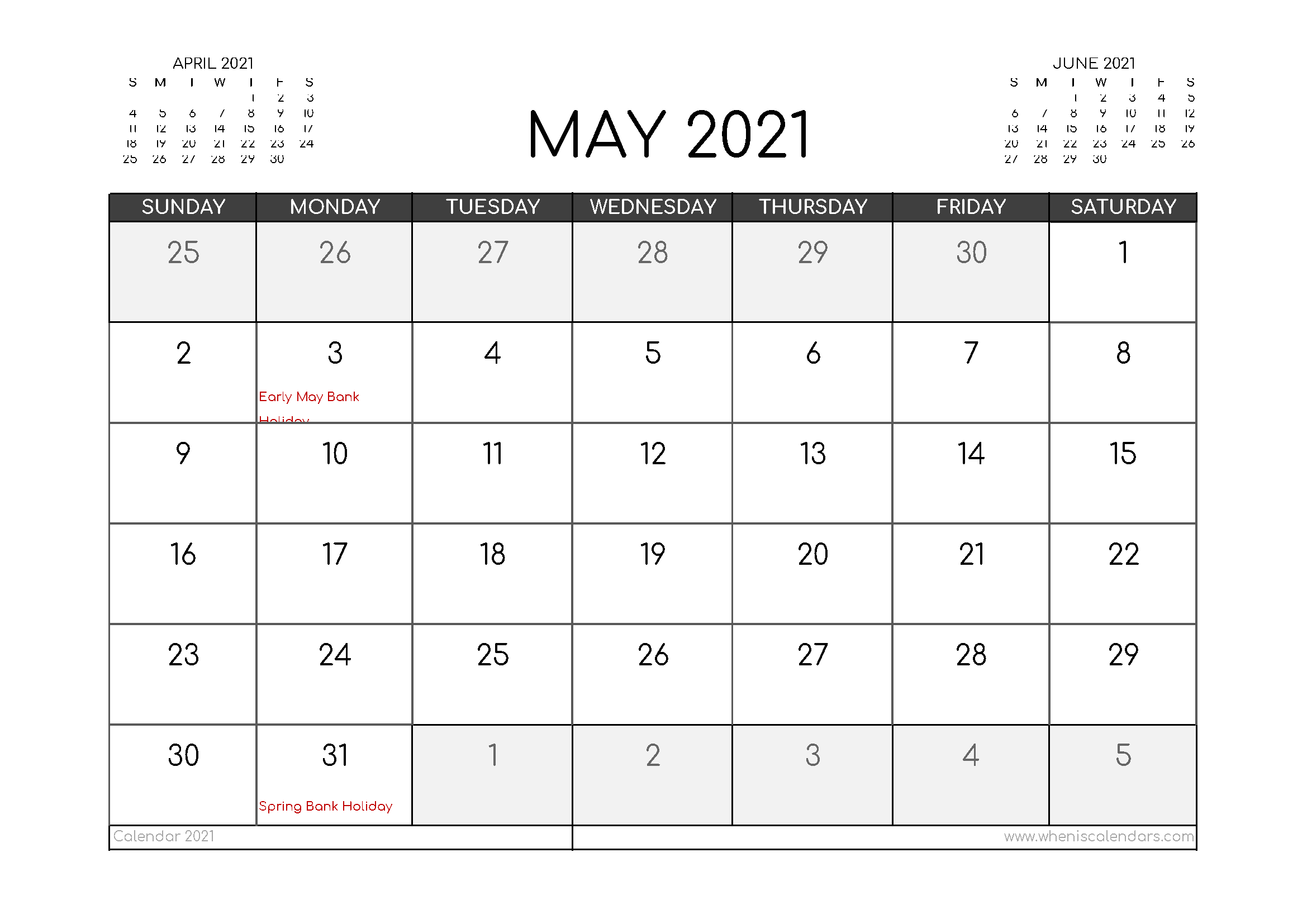 Free May 2021 Calendar UK Printable