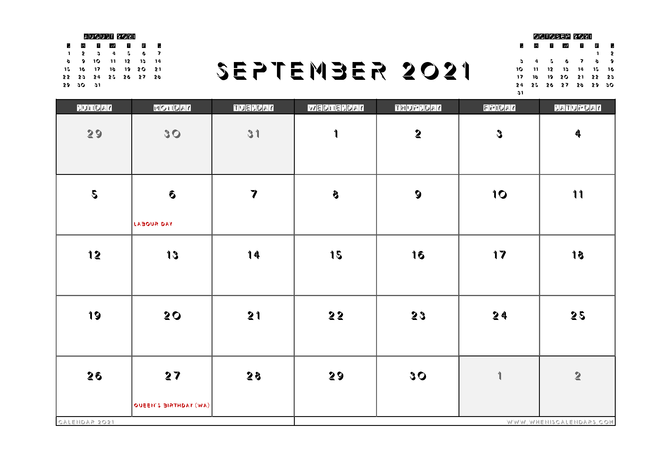 Printable September 2021 Calendar Canada 12 Templates