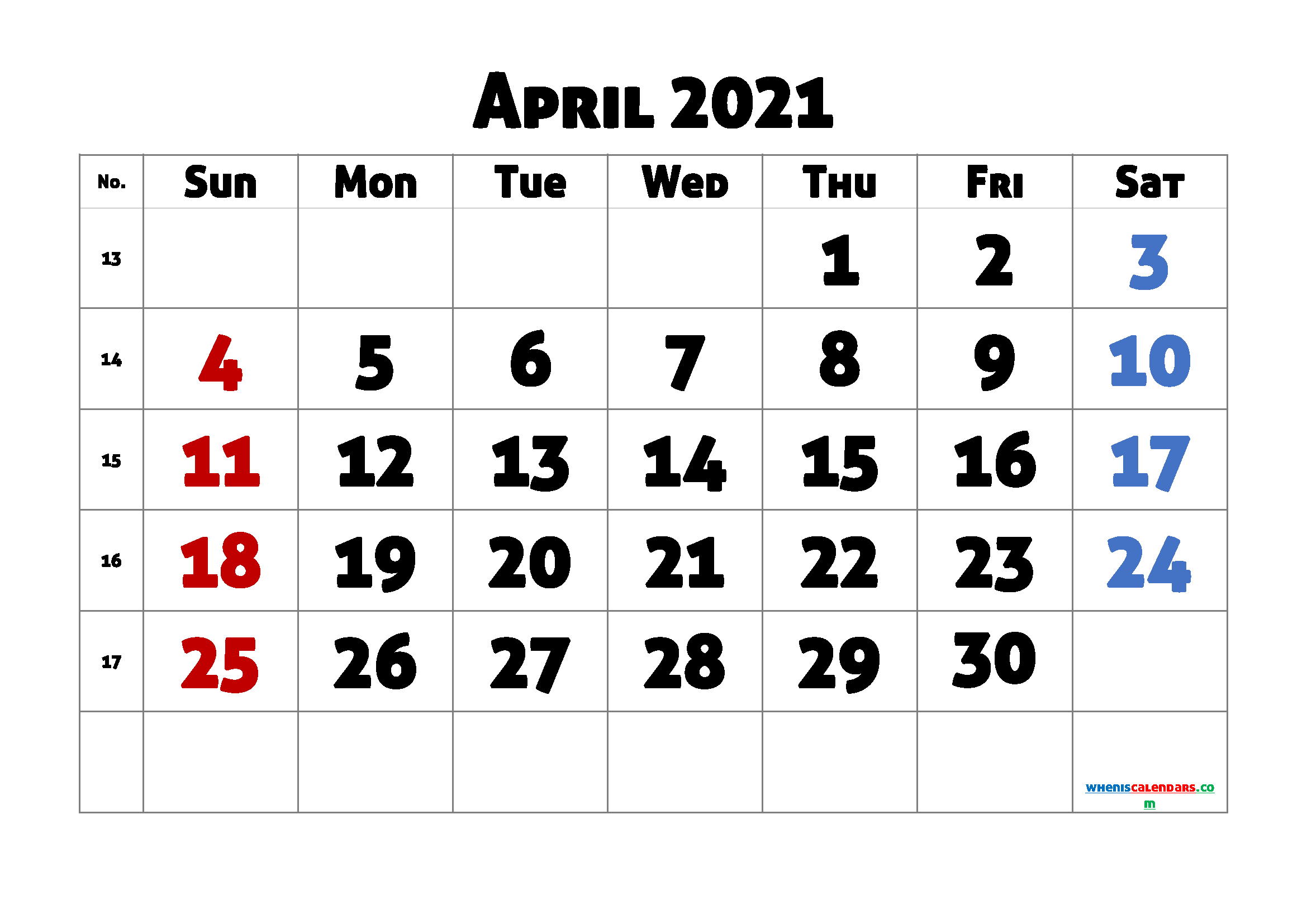 Free April 2021 Calendar Printable