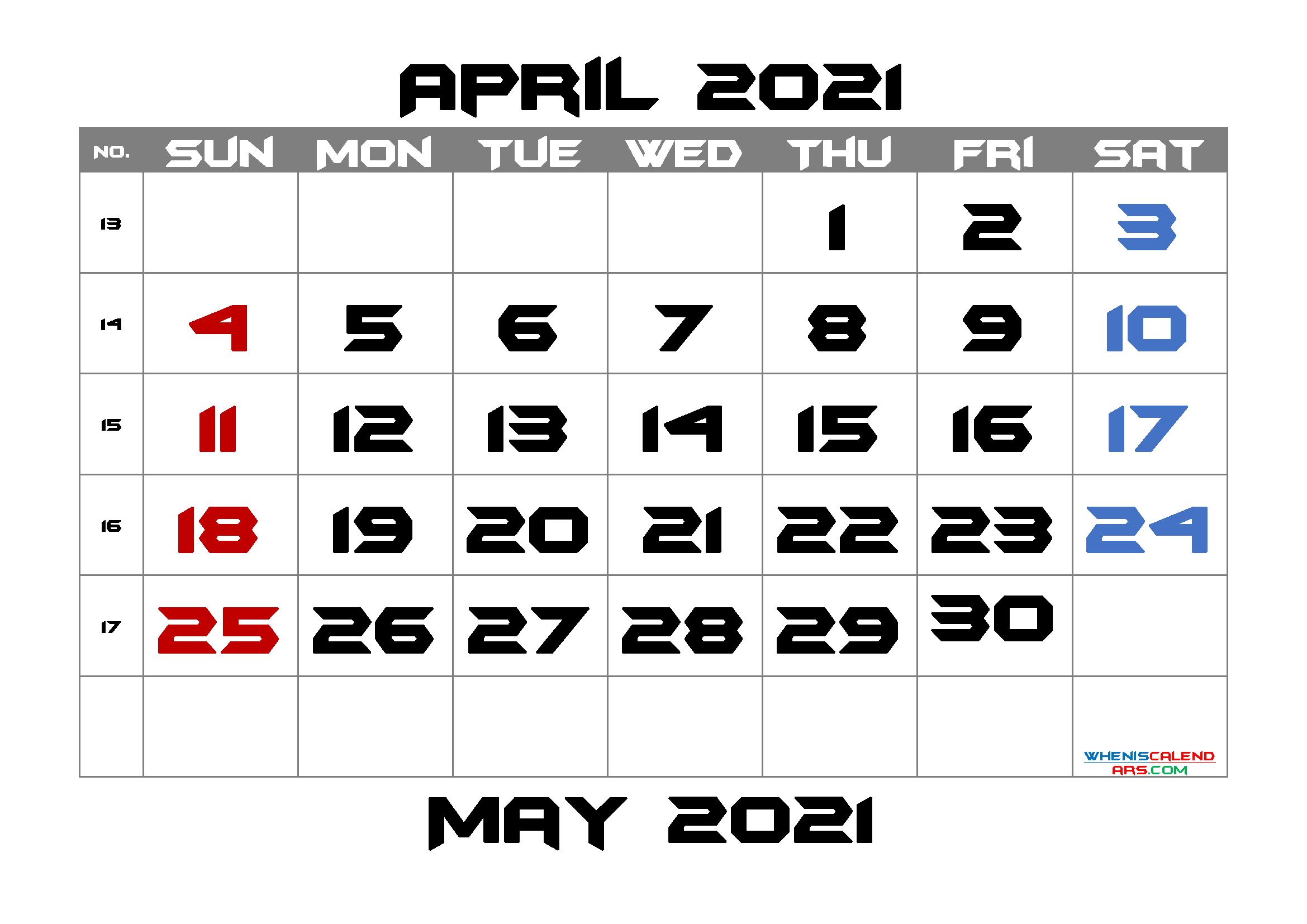 Calendar April 2021 Free Printable